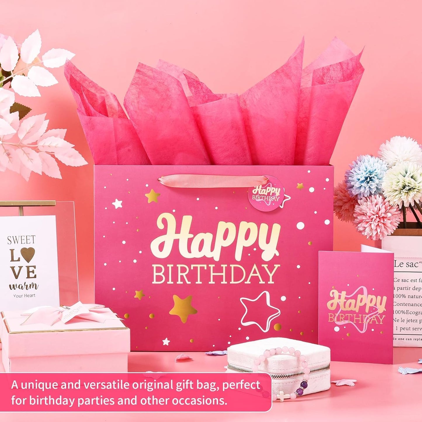 Powbrace 13" Pink Happy Birthday Gift Bag with Tissue Paper and Greeting Card for Party,Happy Birthday Gift Bag for Women Bestie, Gift Bags Medium size(1 PCS Pink, Attach Bestie Cards)