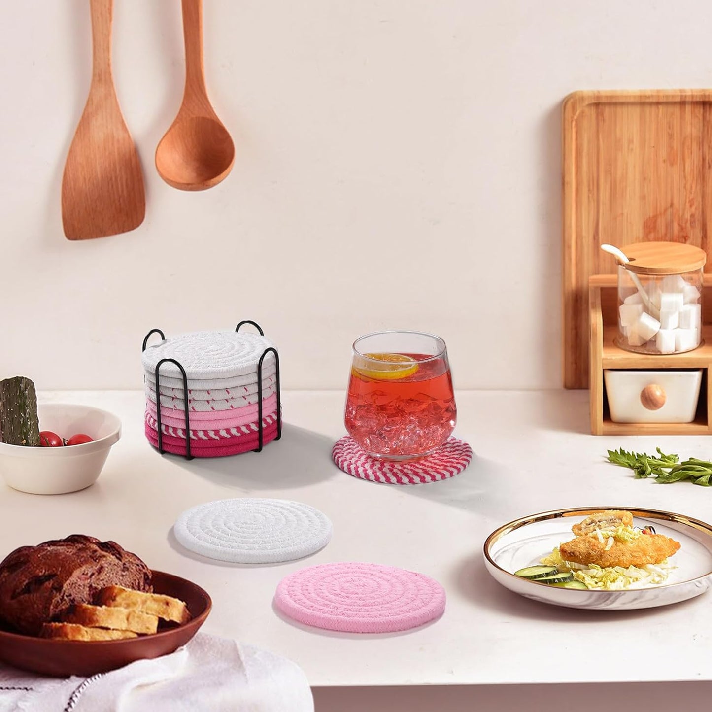 Mckanti 10 Pcs Drink Coasters with Holder, 5 Colors Absorbent Coasters for Drinks, Minimalist Boho Coasters Cotton Woven Coaster Set for Home Decor Tabletop Protection Suitable for Kinds of Cups