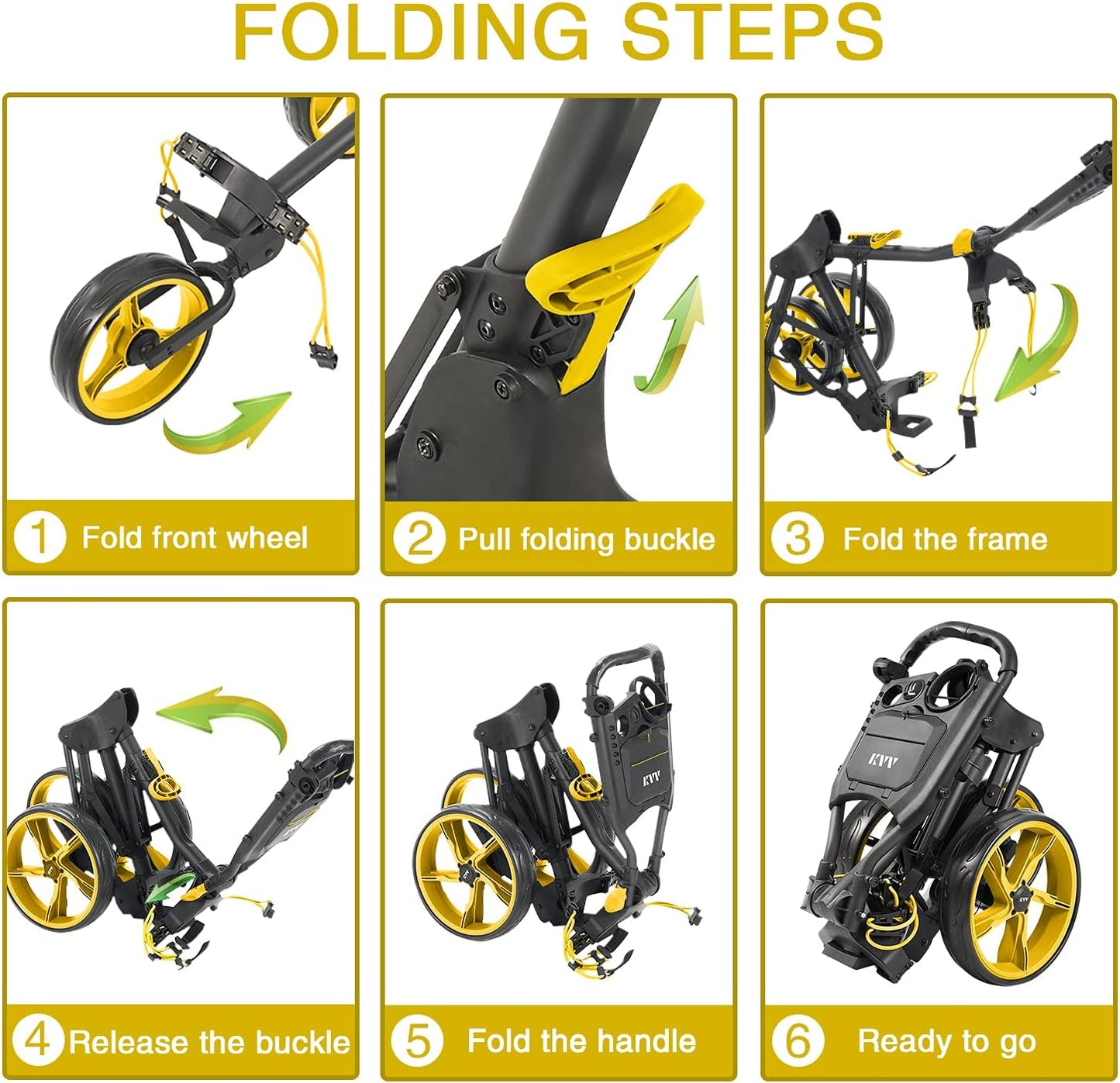 KVV 3 Wheel Golf Push Cart Ultra Lightweight Smallest Folding Size, New-Version Scorecard Holder