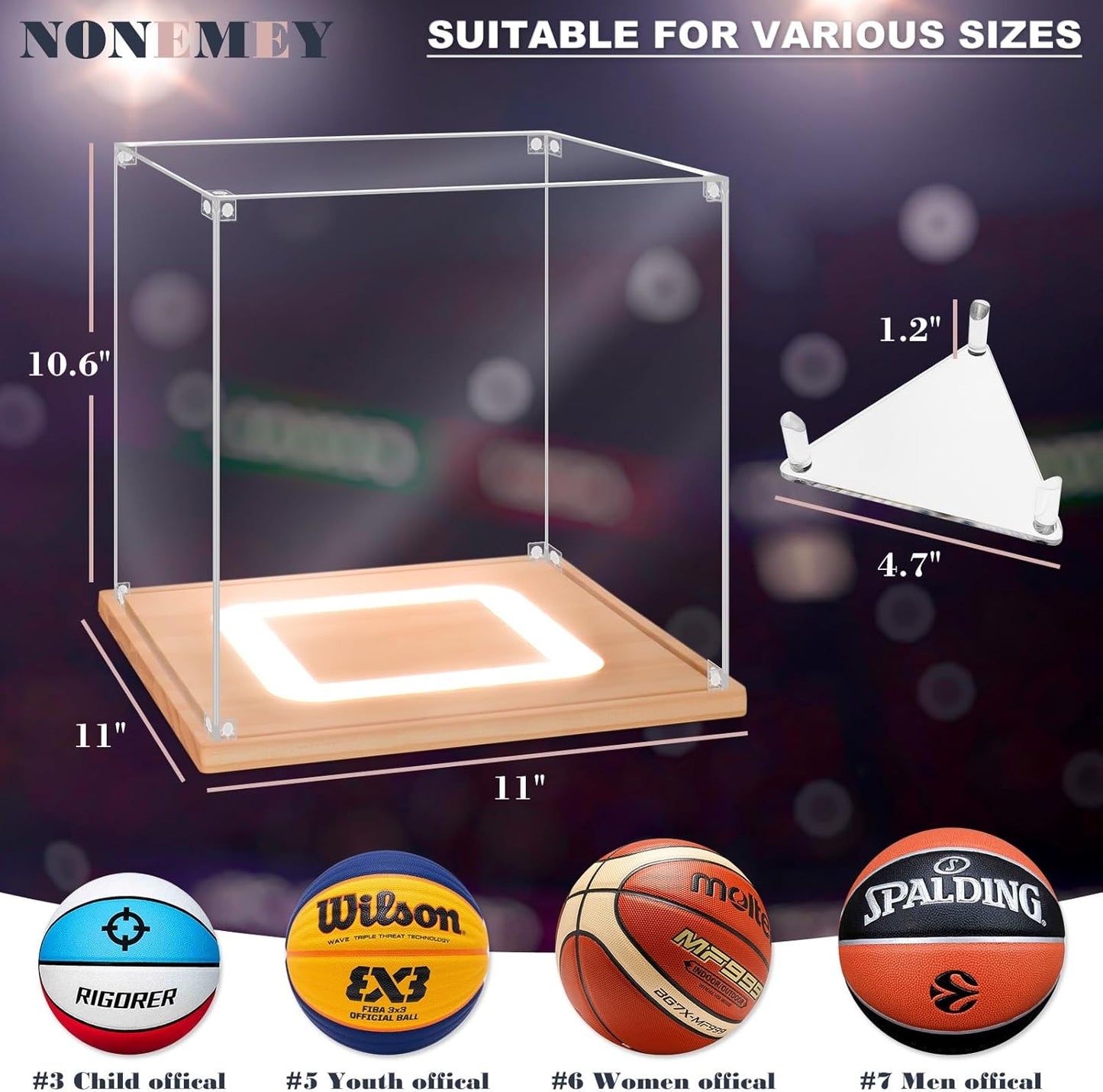 NONEMEY Basketball Display Case with Light, UV Protected Acrylic Basketball Box Full Size with Wood Base, Basketball Display for Autographed Ball Memorabilia Basketball Gifts