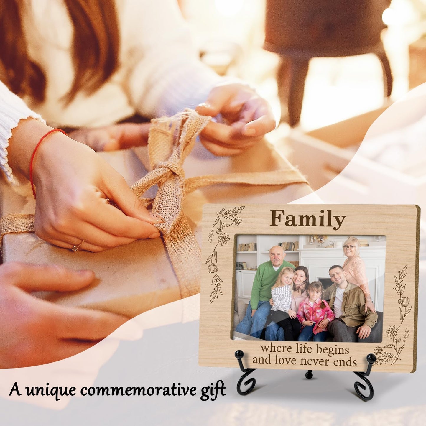 Family Picture Frame, Wooden Photo Frame with Stand, Birthday Gifts for Women Mom Dad Family Member Wife Grandma, Home Office Desk Decor Photo Frame Tabletop Display -xk33