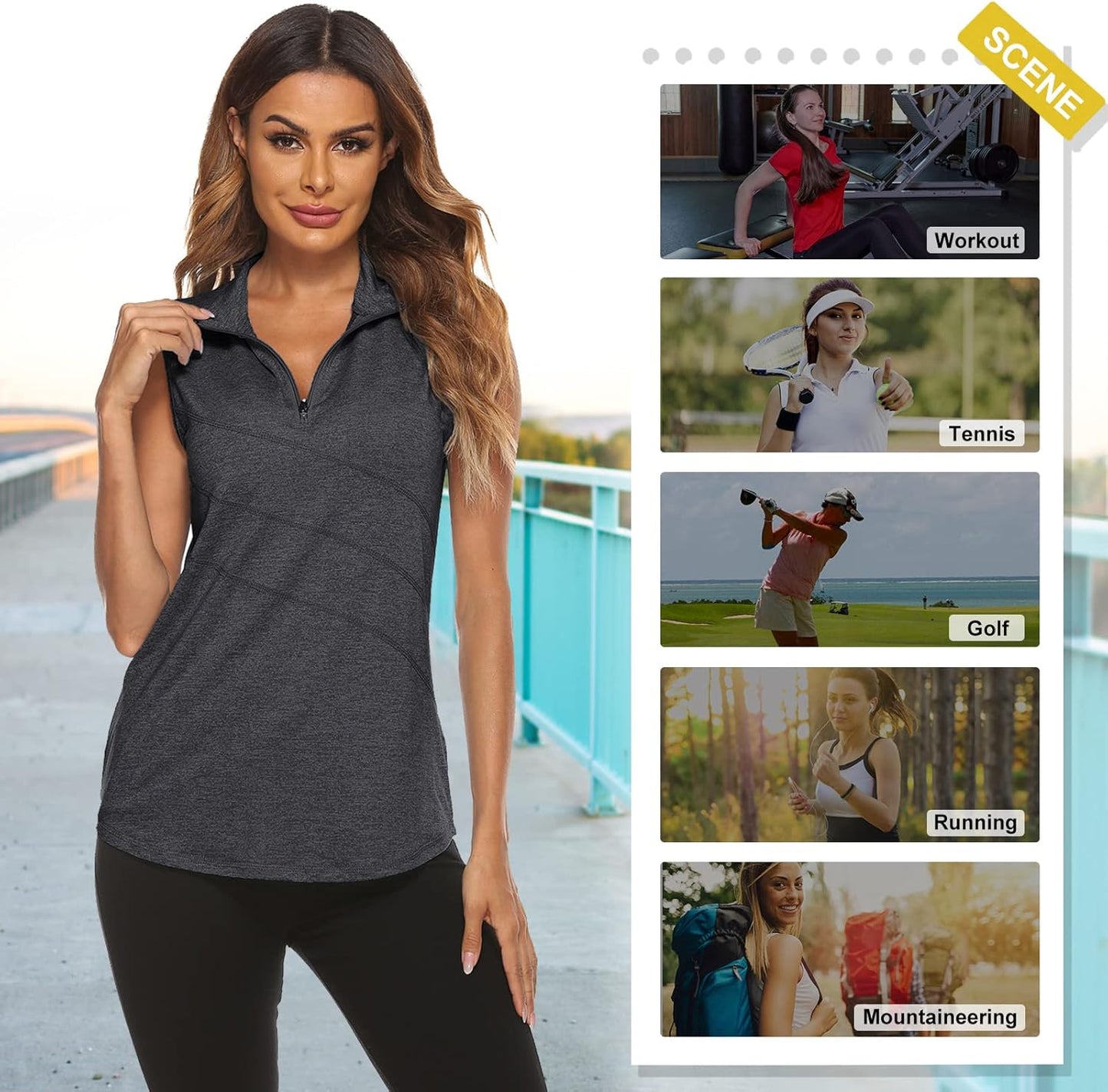 Koscacy Women's Sleeveless Golf Tennis Polo Shirts Zip Up Dry Fit Workout Tank Tops Athletic Shirt