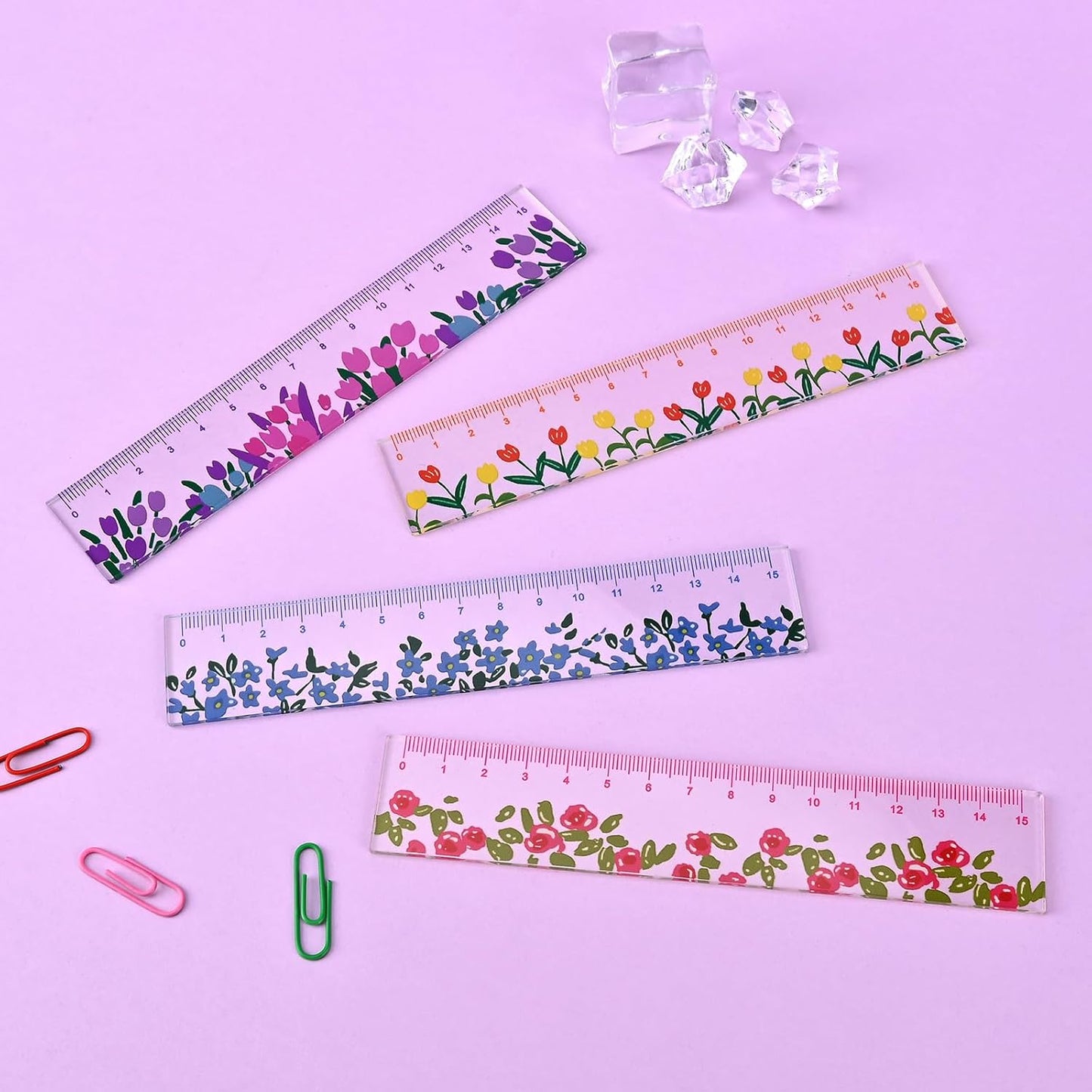 BAYTORY 4 Pcs Plastic Rulers 15 CM, Small Ruler, Measuring Drafting Tools, Acrylic Rulers with Centimeters for School Home Office (Flower)