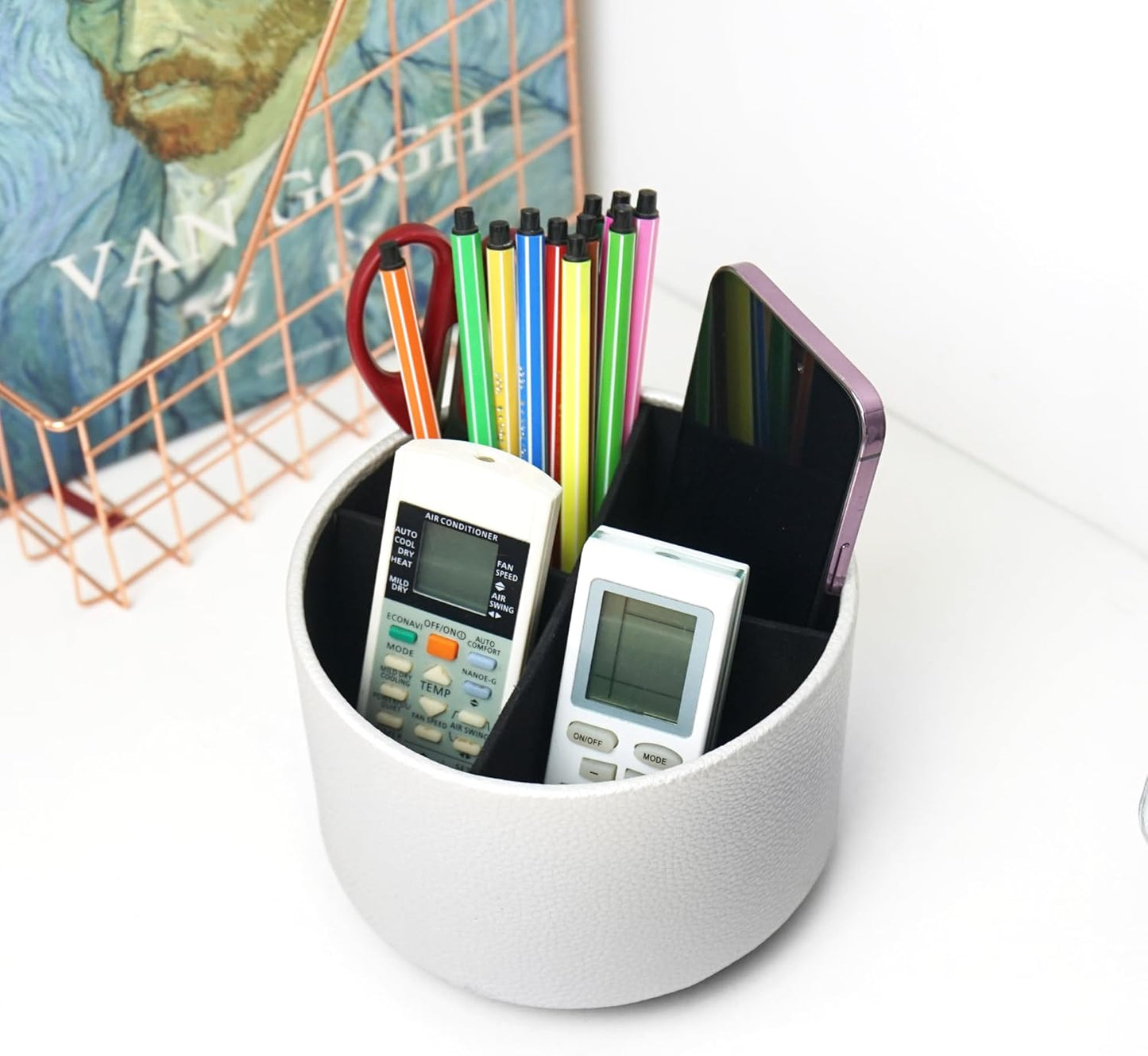Hennaja Round Leather Art Supply Organizer,Remote Control Holder,360 Degree Spinning,Multi-Functional Pencil Holder,4 Compartments Desktop Stationary Organizer(1-Lichee Silver)