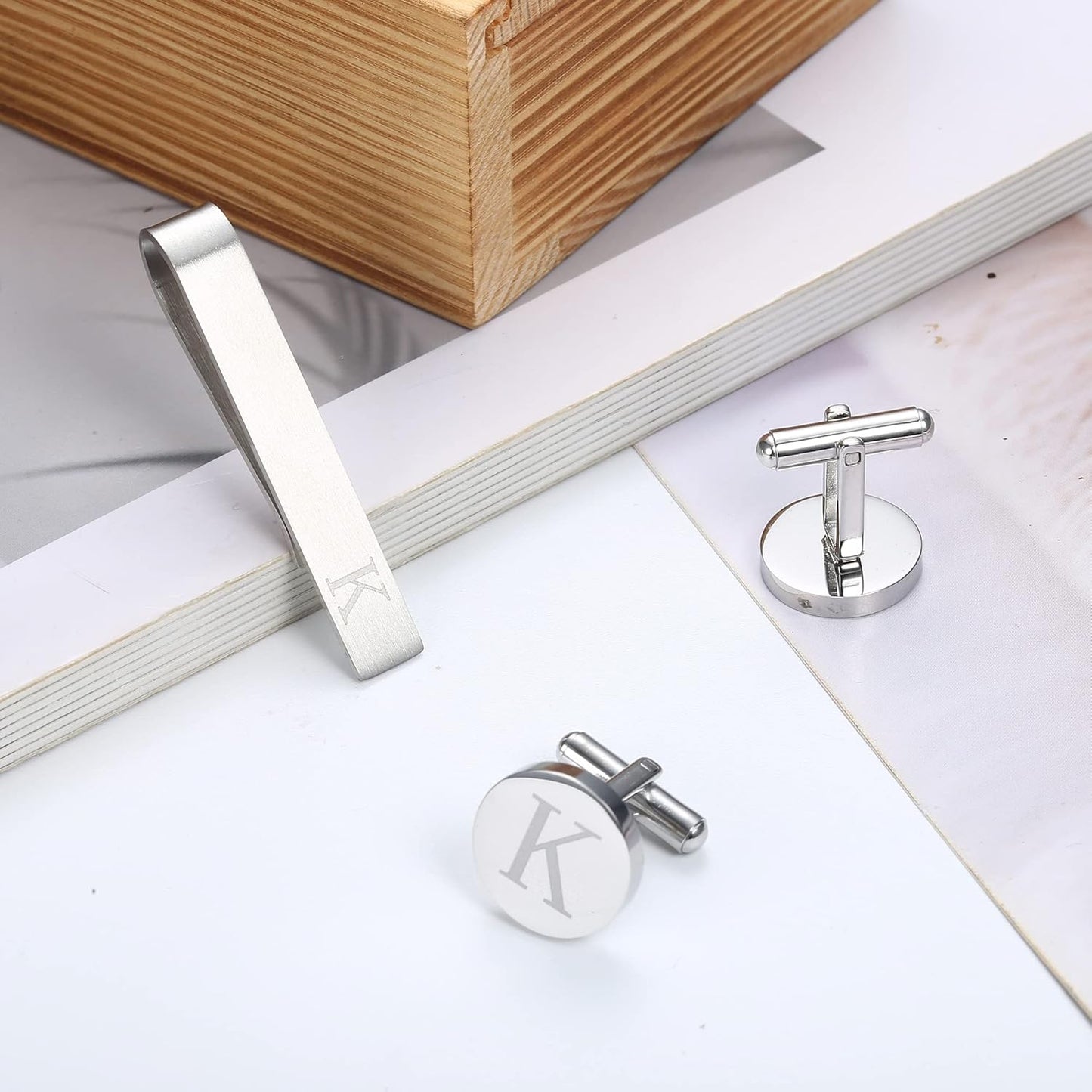 LOYALLOOK Stainless Steel Engraved Initial Cufflinks and Tie Clip Bar Set Alphabet Letter With Gift Box A-Z