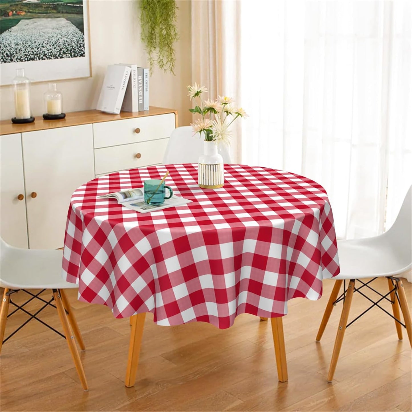 3 Pack Red and White Checkered Tablecloth, Round Red Gingham Plastic Table Cloths for Parties Disposable, 84x84 in Waterproof Camping Tablecloth for Birthday Party Baby Shower Picnic School