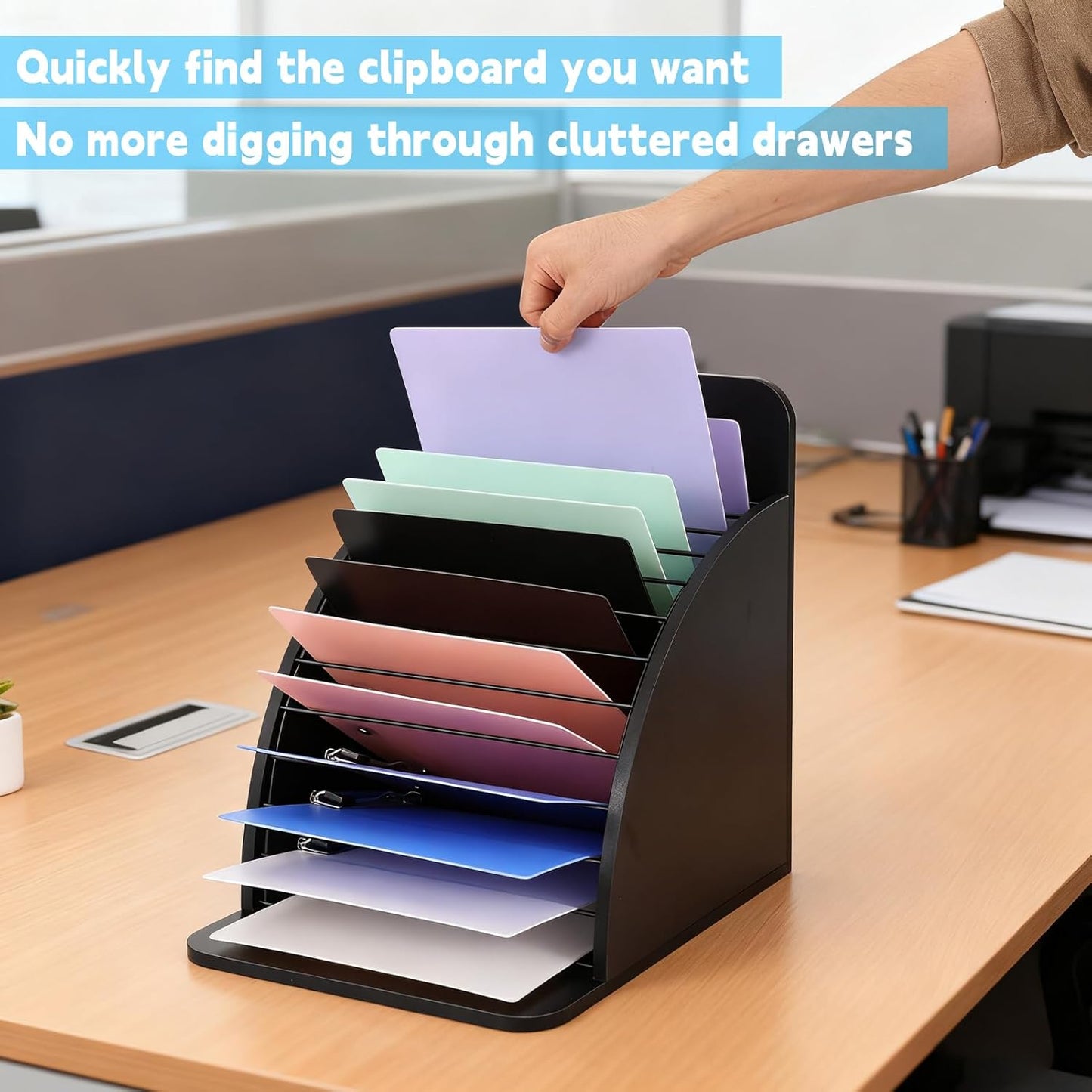 Clipboard Holder Wooden Storage Clipboard Holder Rack - with Raised Side Panel Black Clip board Organizer - for Classroom Office School Teacher Organizing (Clip Boards Not Included)