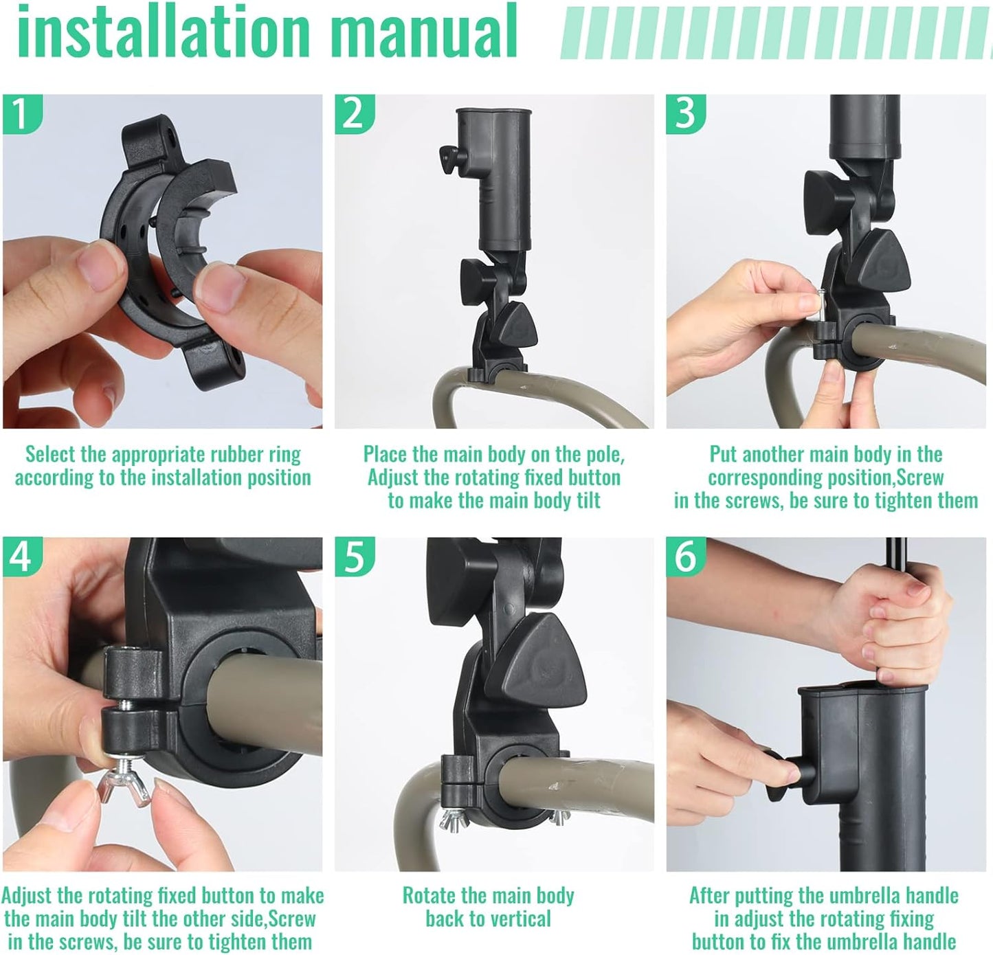 INNOLIFE Universal Golf Push Cart Umbrella Holder - Adjustable 3-Wheel Clip Mounting Attachment for Stroller, Wheelchair, Bicycle, Outdoor Sports Trolley, and Snow Umbrella Frame