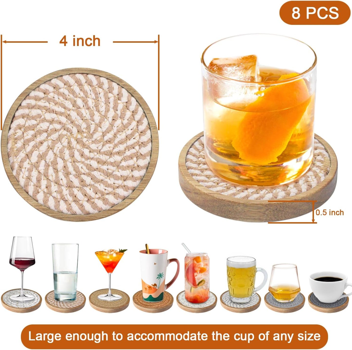 Coasters for Drinks Absorbent Sets of 8, Woven Coasters with Holder, Wood Coasters for Coffee Table, Housewarming Gift for Farmhouse Home Decor, 4 inches Brown & Gray