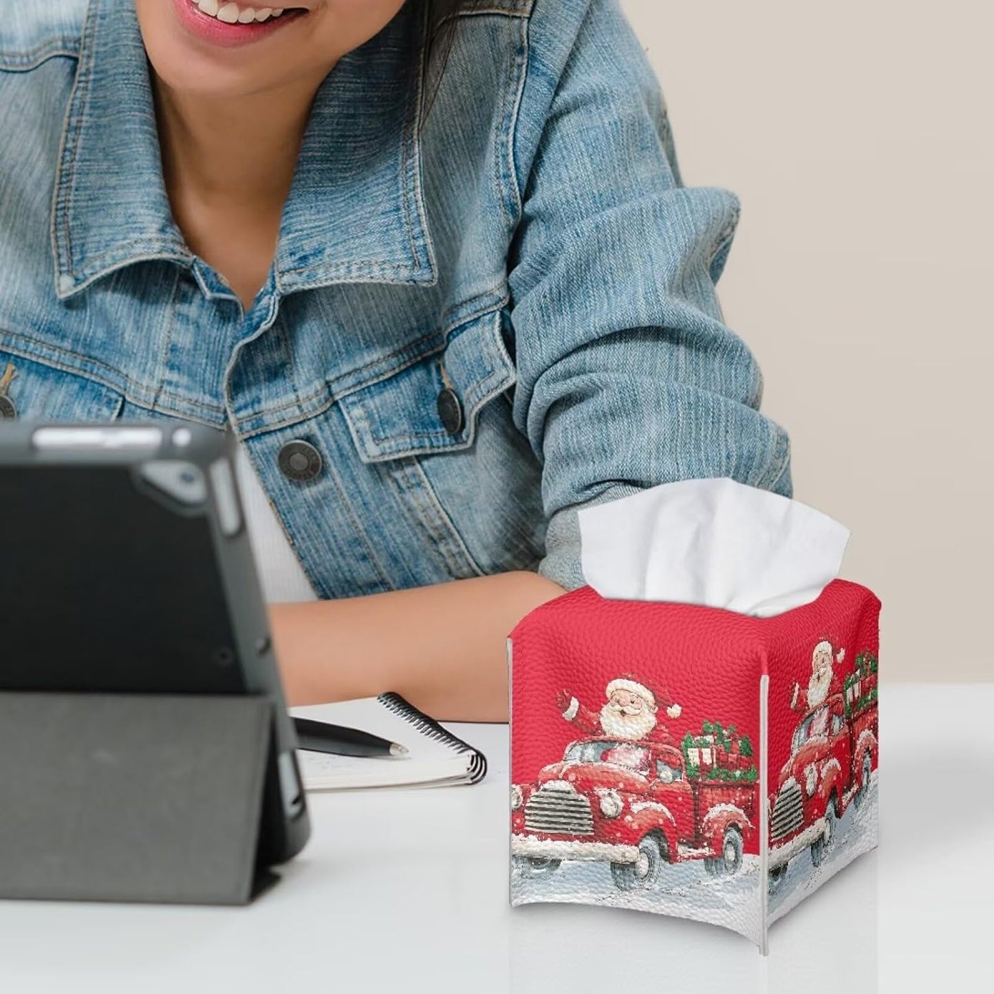 Christmas Tissue Box Cover Red Truck Tissue Box Holder Square Xmas Holiday Cute Tissue Box Modern Home Decor for Car Office Table Desk Kids Room