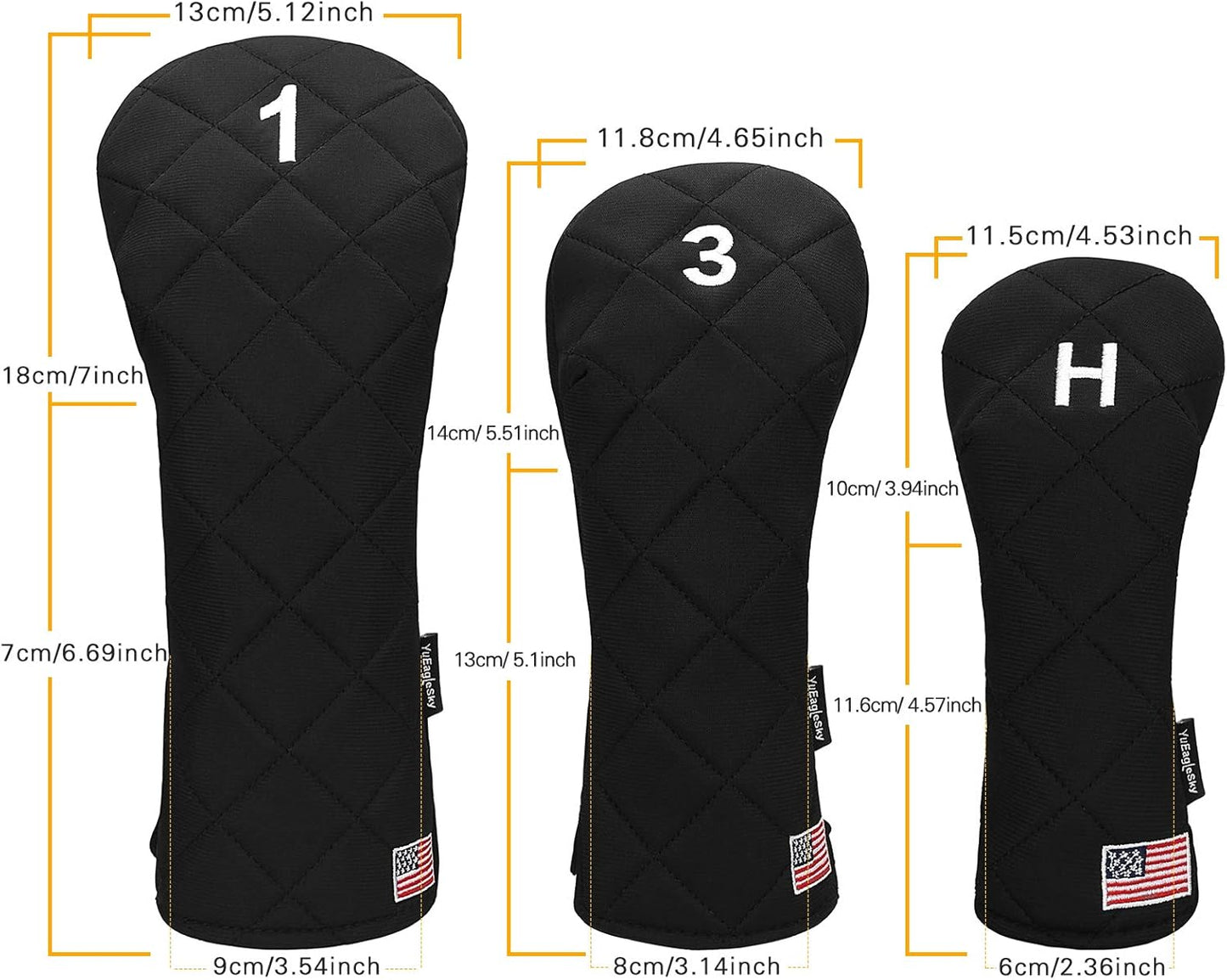Golf Head Covers Driver Fairway #3#5 Hybrid USA Flag for Club Men Women, (Black or White)