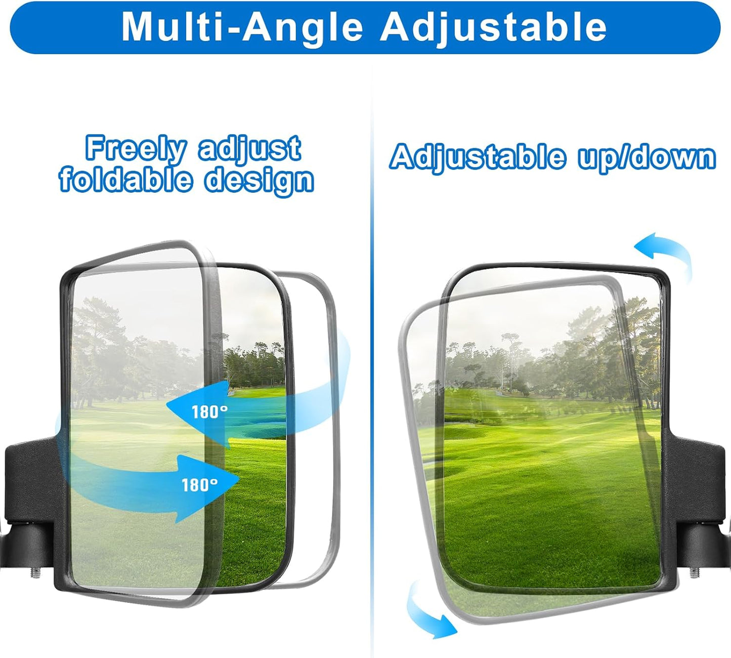 Golf Cart Side Mirrors, No Drilling for EZGO Club Car Yamaha Golf Cart and Others, Fit 3/4, 1.0 and 1 1/4-inch Square Strut, Folding Side Rear View Mirrors Adjustable 180 Degree HD Glass