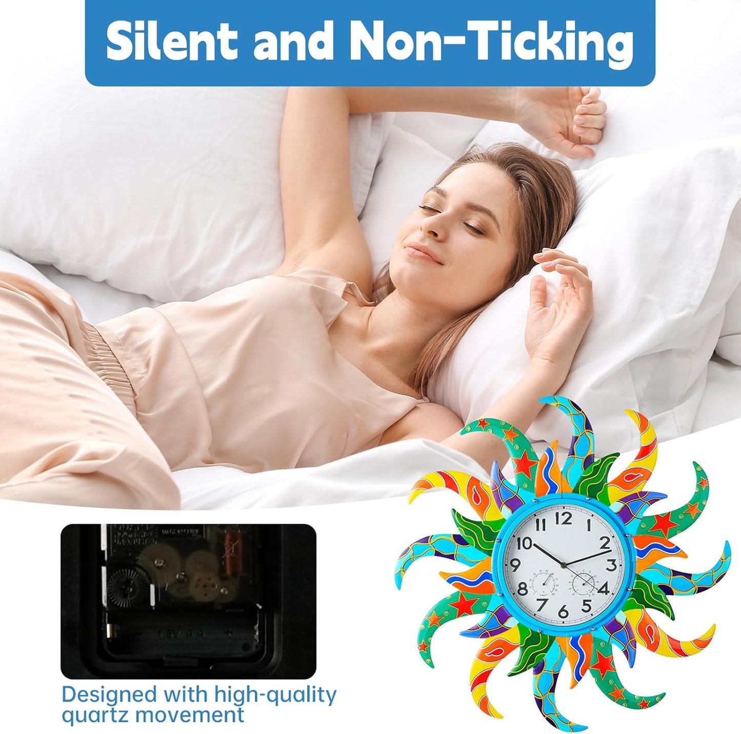 25-Inch Sun-Shaped Outdoor Clock and Thermometer Set, 10-Inch Dial, Battery Powered, Waterproof, Silent Quartz Movement (Blue)