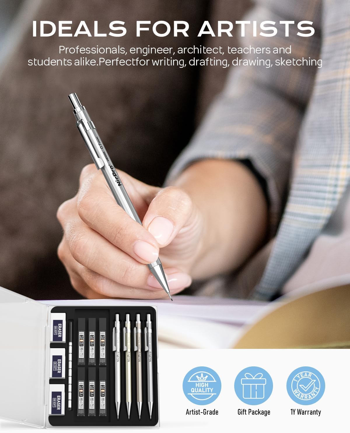 Nicpro 4 Pack Mechanical Pencil 0.7mm with Case, MB1000 Metal Mechanical Pencil Set with 6 Tube HB #2 Lead Refill 0.7 mm, 3PCS 4B Eraser, 9 Cap Eraser for Artist Drafting Writing, Sketching, Drawing