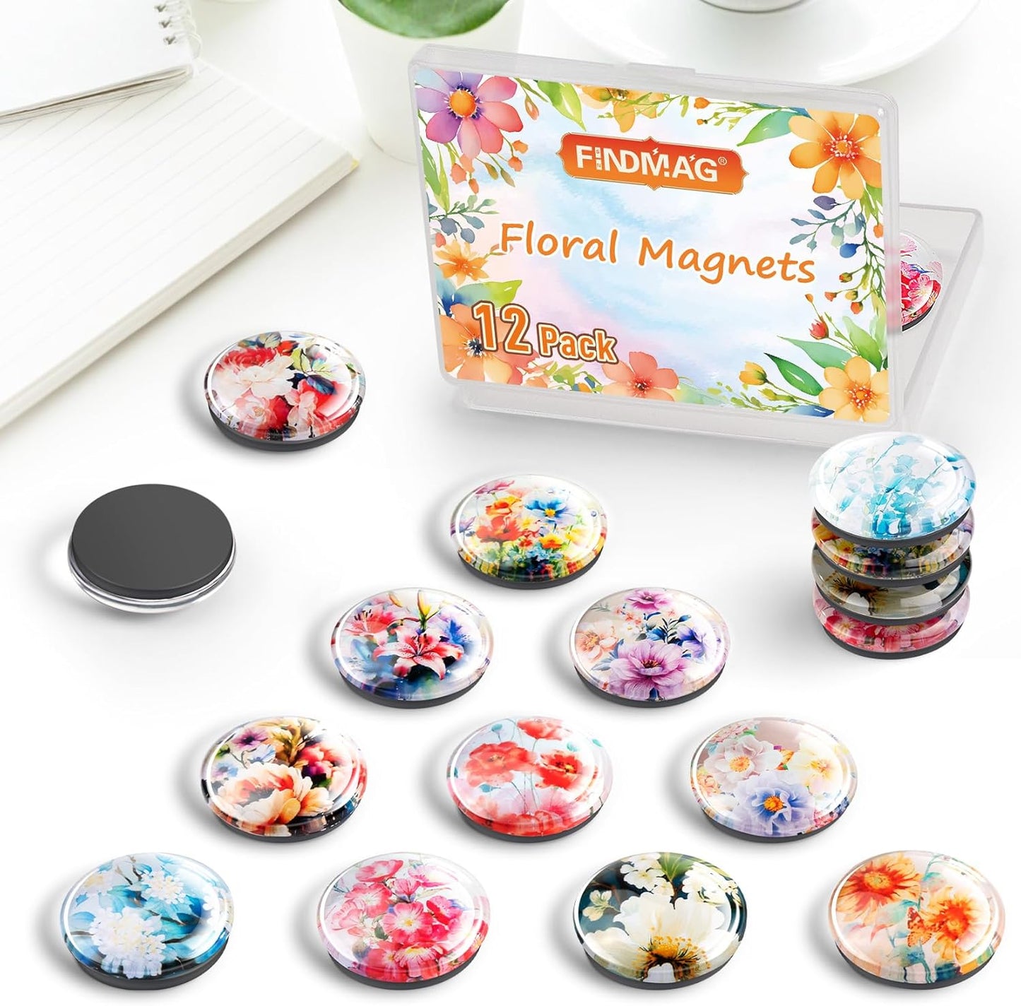 FIDNMAG Refrigerator Magnets, 12 Pcs Glass Fridge Magnets, Flower Magnet for Fridge, Decorative Magnet Small Cute for Refrigerator, Office, Home, Kitchen, Board, Locker, Fun, Adult, Classroom, Floral