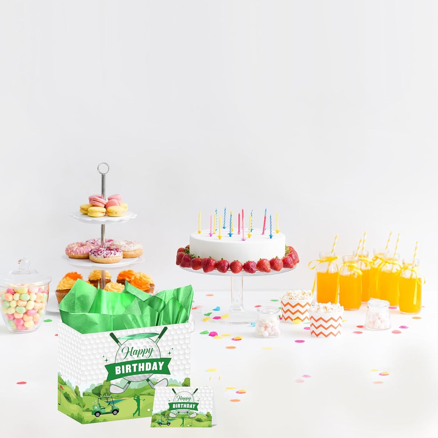 UGUHHKUY Golf Birthday Gift Bag Decorations - 5 Pcs Green Gift Wrapping Bag with Handle Tissue Paper and Greeting Card for Men Boys Golf Party Favors Decor Supplies