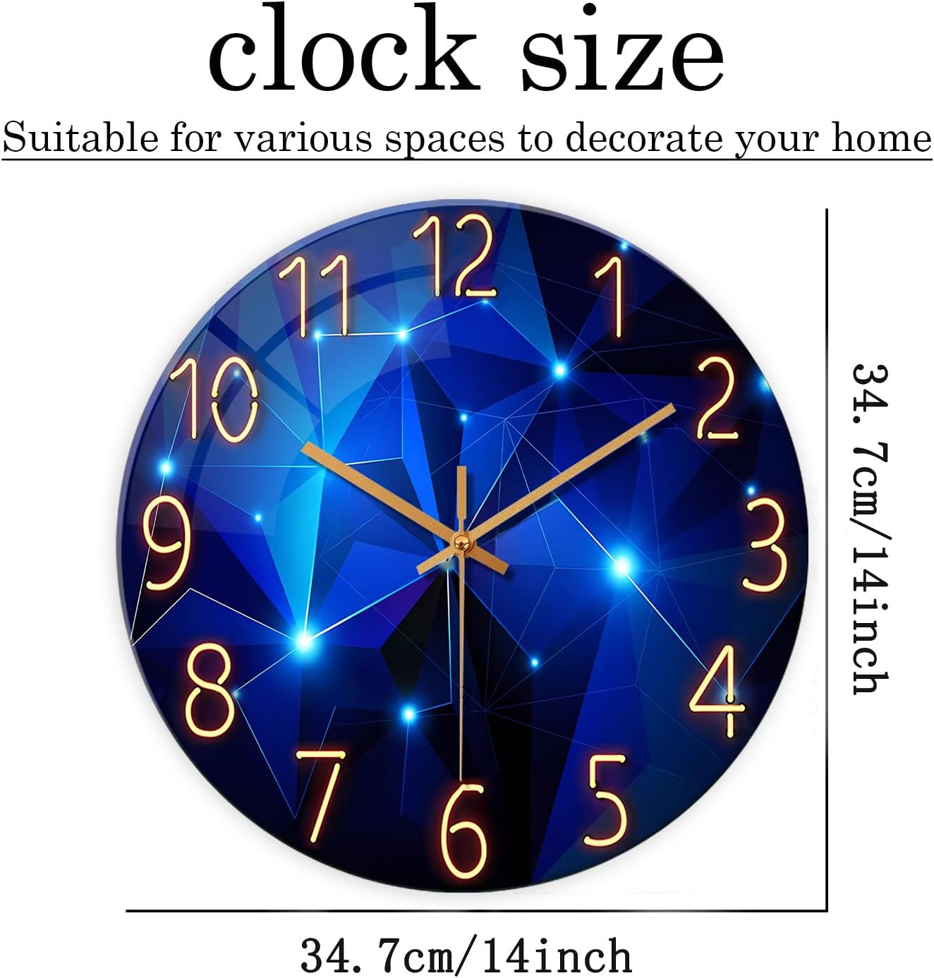 Blue Wall Clock Battery Operated 14 Inch Modern Wall Clock Non Ticking Glass Clock for Living Room