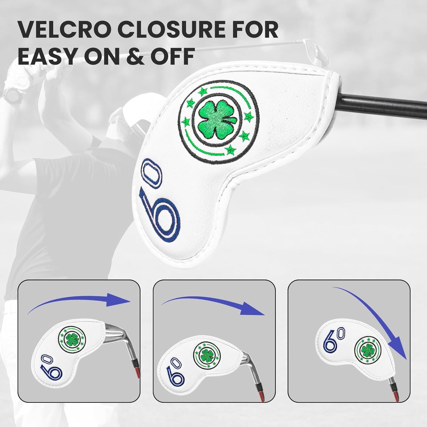 Golf Iron Wedge Head Covers 52° 54° 56° 60° 1 or 4 Pack, Synthetic Leather Clover USA Flag Design Club Head Protection, Universal Headcover Fit Iron Clubs for Men Women