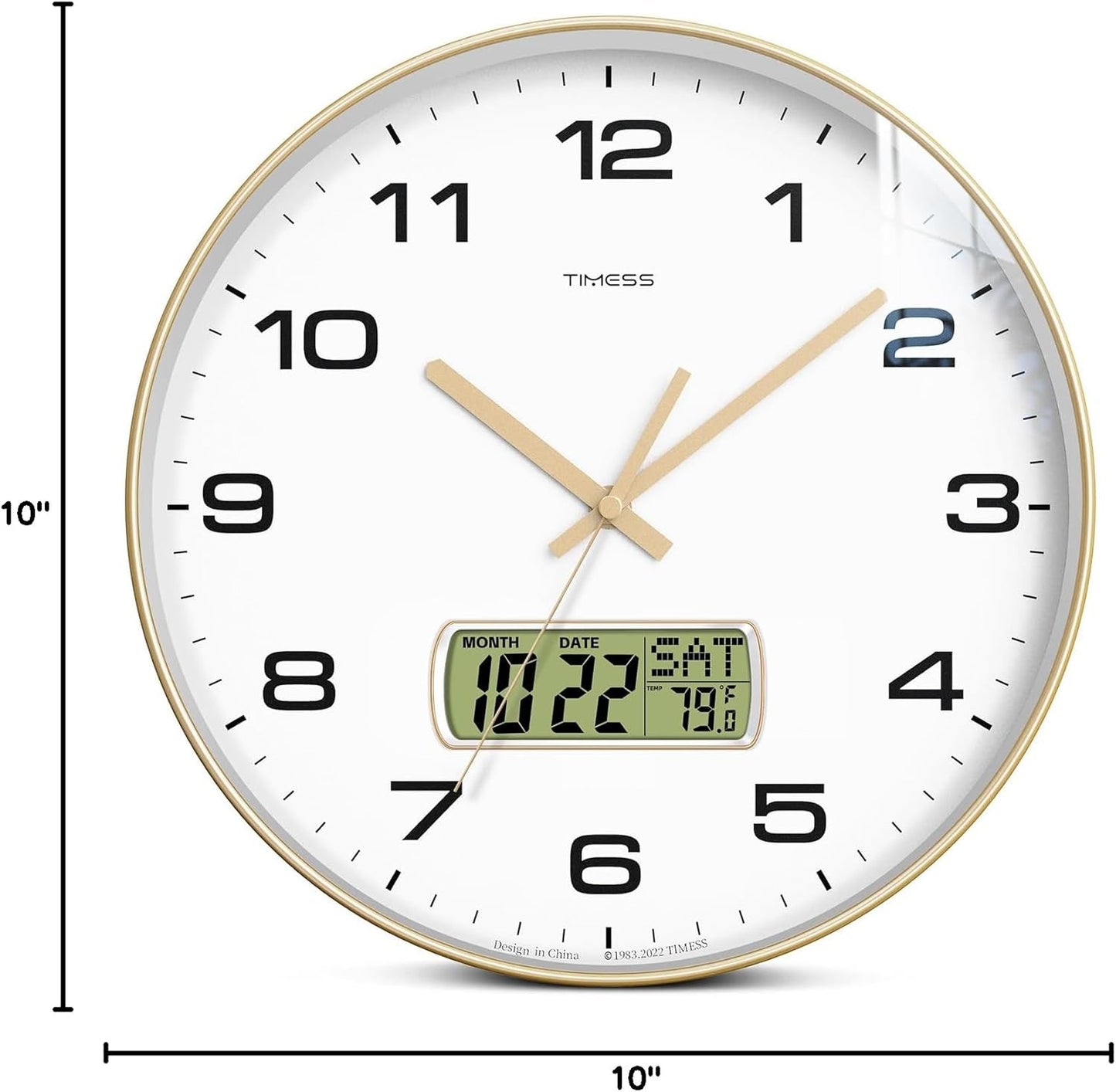 Wall Clock, 10" Dial Non-Ticking Silent Battery Operated Analog with LCD Display for Perpetual Calendar and F° Temperature, Ideal Modern Home, Bedroom, Kitchen, Office Decor (Gold)