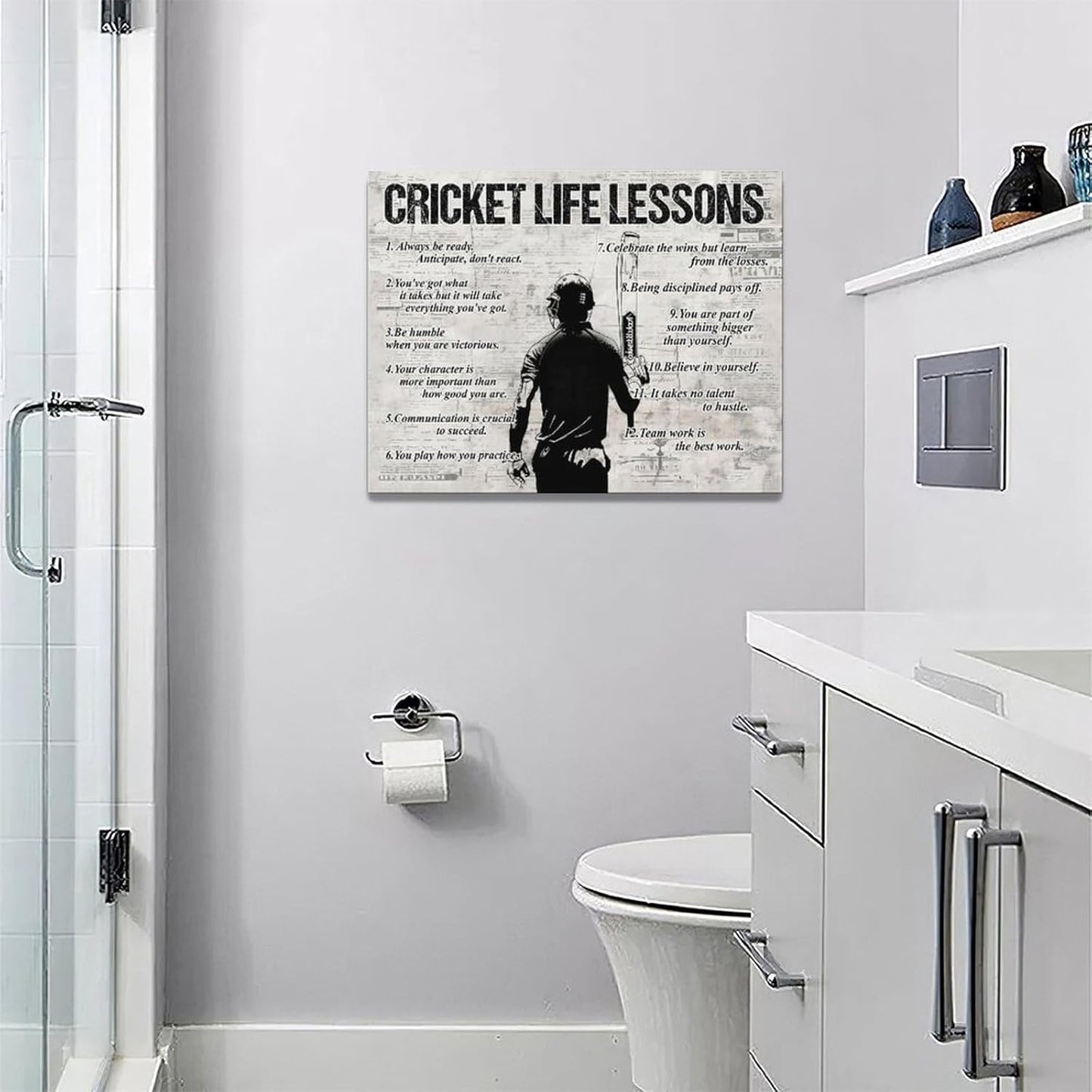 Gyeong Cricket Sports Wall Art Cricket Life Lessons Wall Decor Cricket Sign Retro Poster Boy Men Room Motivational Decorations Canvas Print Painting Artwork for Bedroom Bathroom Living Room 16"x12"