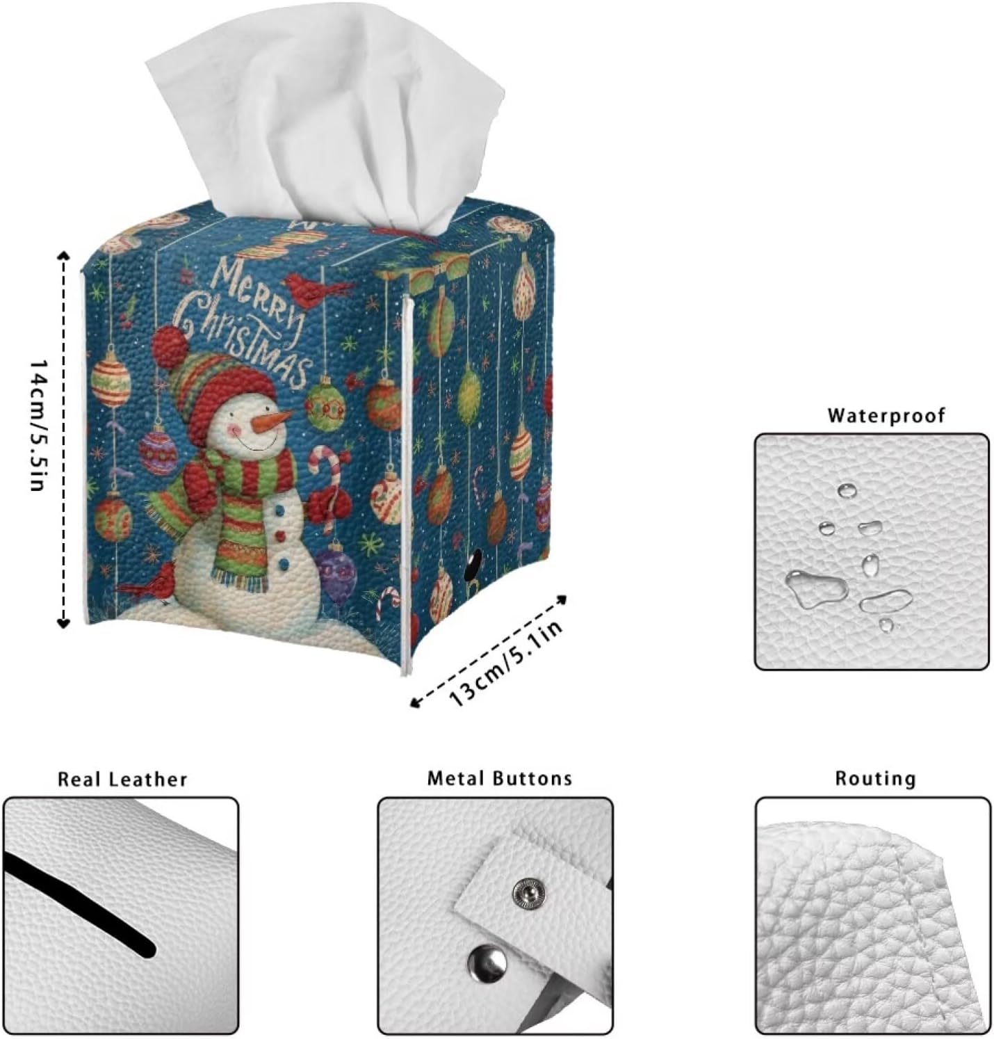 Christmas Snowman Tissue Box Cover Square 5X5X5 inch Tissue Box Cute Facial Paper Holder Organizer Holiday Home Office Bedroom Car Bathroom Decor