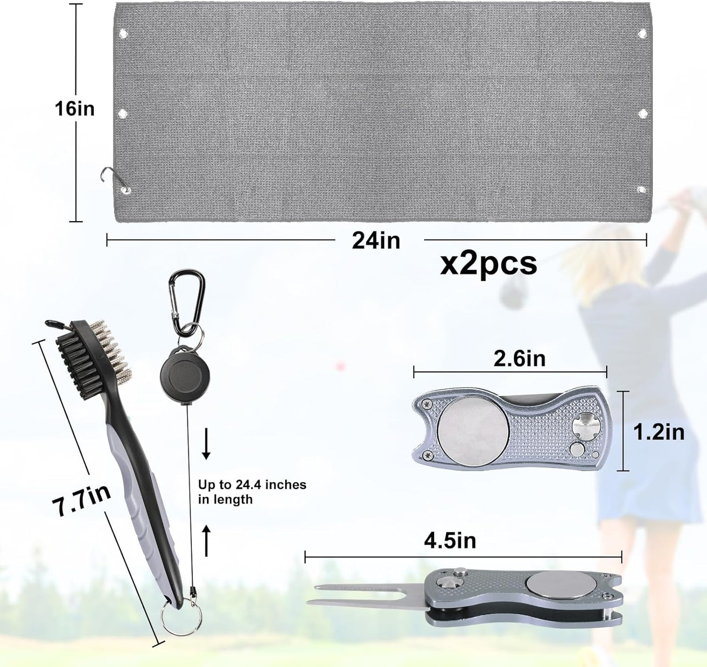 Aulock Golf Towel and Brush Set -16" X 24" Microfiber Towels with Carabiner Clip, Men Cleaning Kit with Golf Club Brush (2 Grey Towel + 1 Brush + Golf Divot Tool)