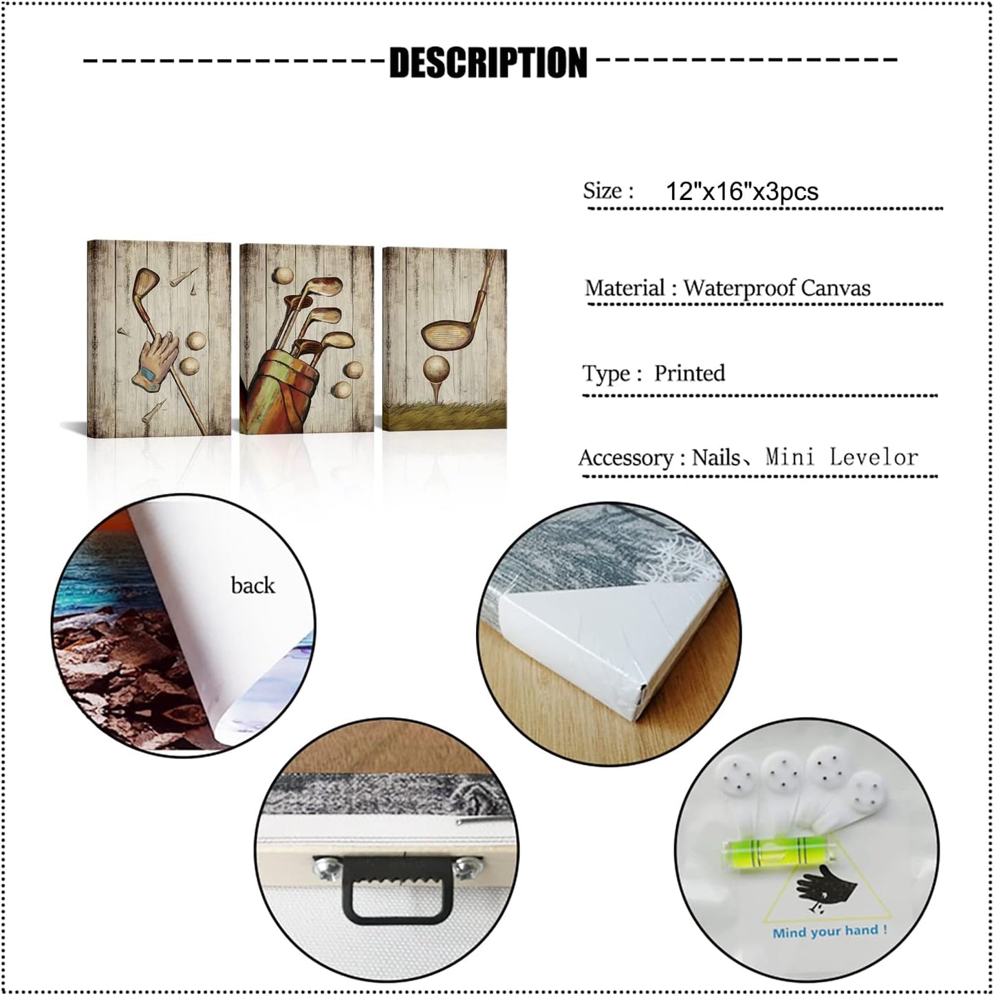 SkenoArt 3 Piece Sport Wall Art Vintage Golf Balls Painting Picture Prints Brown Poster Canvas Artwork Home Gym Office Man Bedroom Decoration Ready to Hang Gifts for Golf Lovers