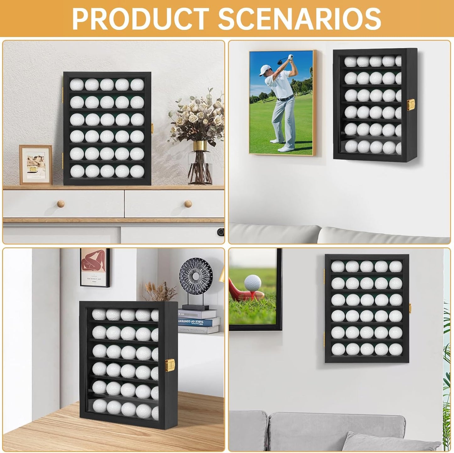 Golf Ball Display Case, Solid Wood Golf Ball Holder, Wall Mounted Golf Ball Rack with Acrylic Door for Golf Enthusiasts (Black, for 30 Golf Balls)