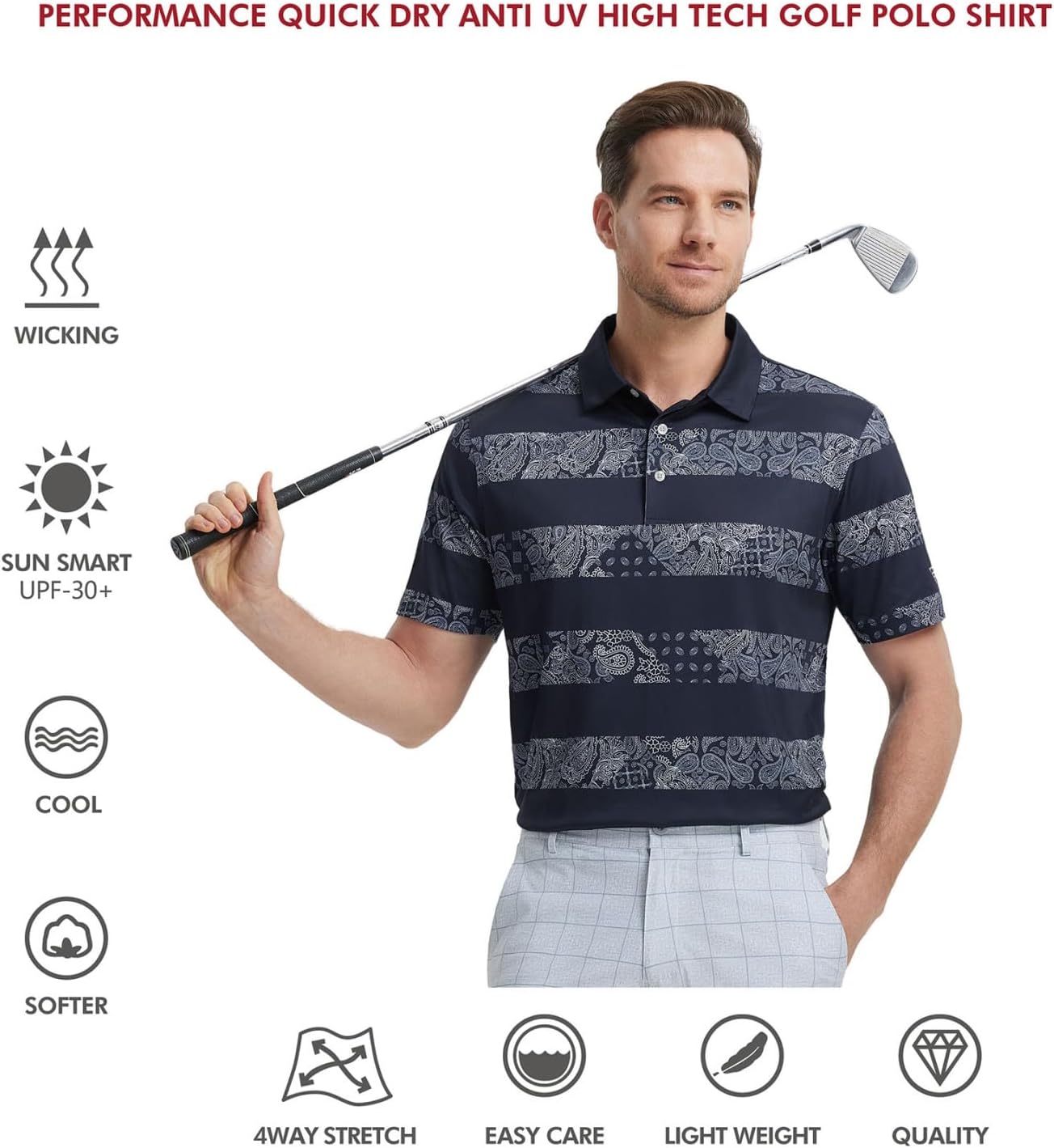Golf Shirts for Men Dry Fit Short Sleeve Print Performance Moisture Wicking Polo Shirt