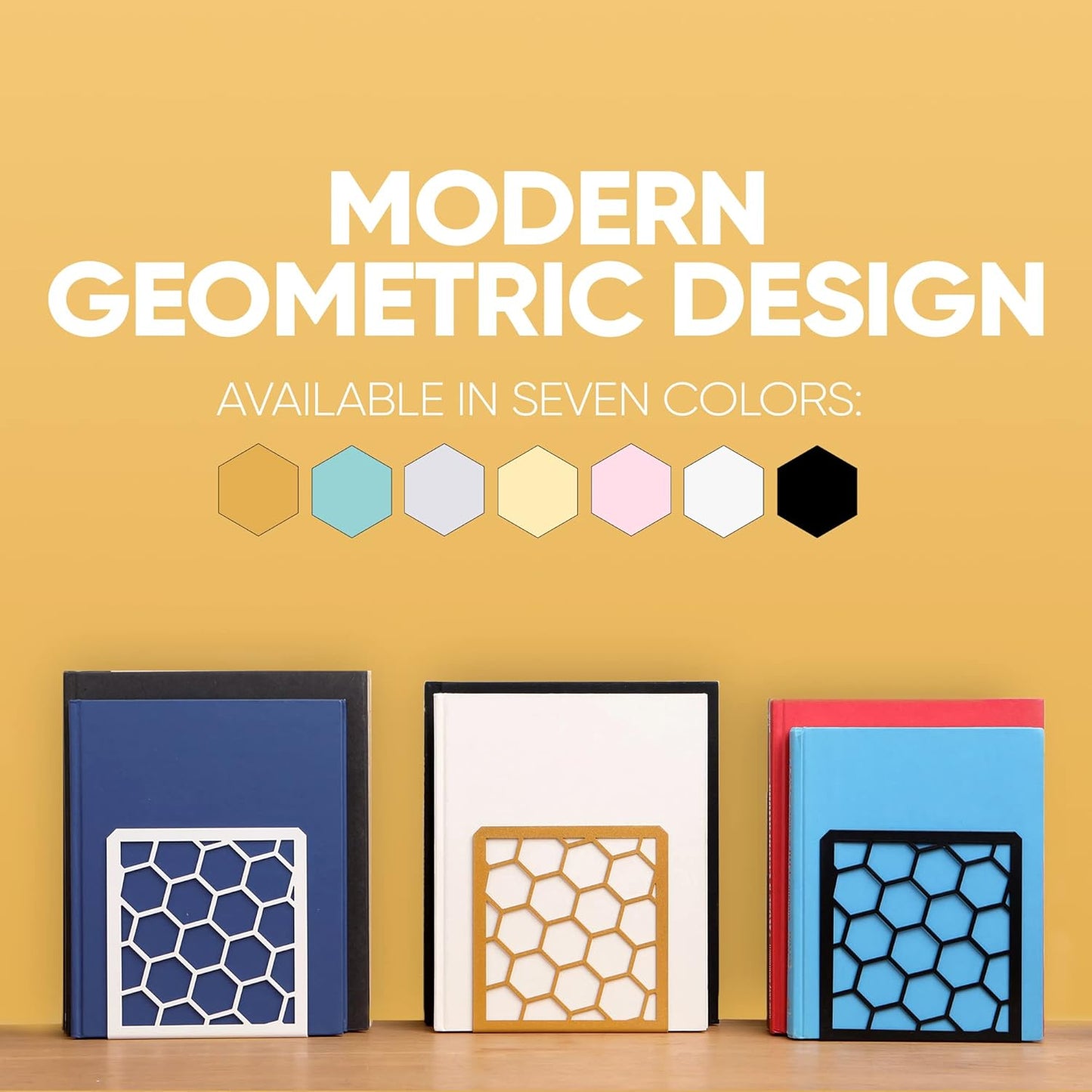 GEOMOD Geometric Honeycomb Gold Metal Bookends Decorative - Tall Sturdy Book Ends for Shelves - Modern Heavy Duty Bookend Stopper - Office or Home Book Shelf Book Holder - 6x3.25x6.25 Inches - 2 Pair
