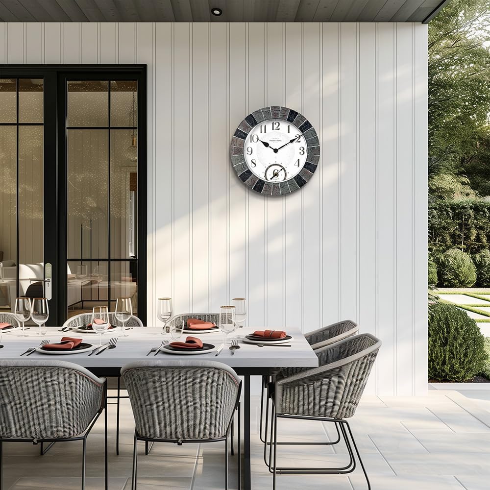 Presentime & Co 14" Illuminated in/Outdoor Clock with Smart Sensor and Night Light, Waterproof, Large Wall Clock with Thermometer, for Garden and Patio -Faux Slate.