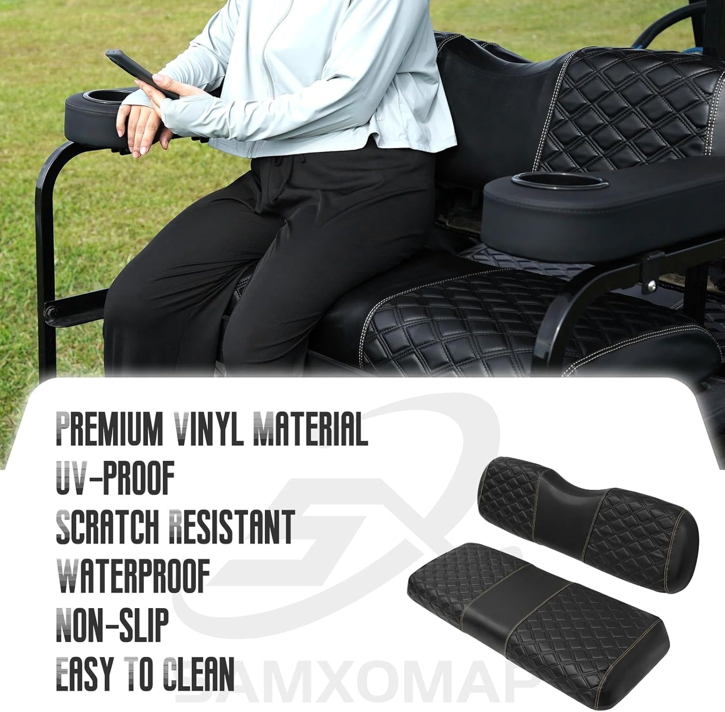 Golf Cart Front Seat Covers Waterproof Vinyl Leather Seat Cover Accessories for EZGO TXT/RXV Club Car DS/Precedent Yamaha G29/Drive Aftermarket Rear(2PCS) (for Aftermarket Rear, Black)