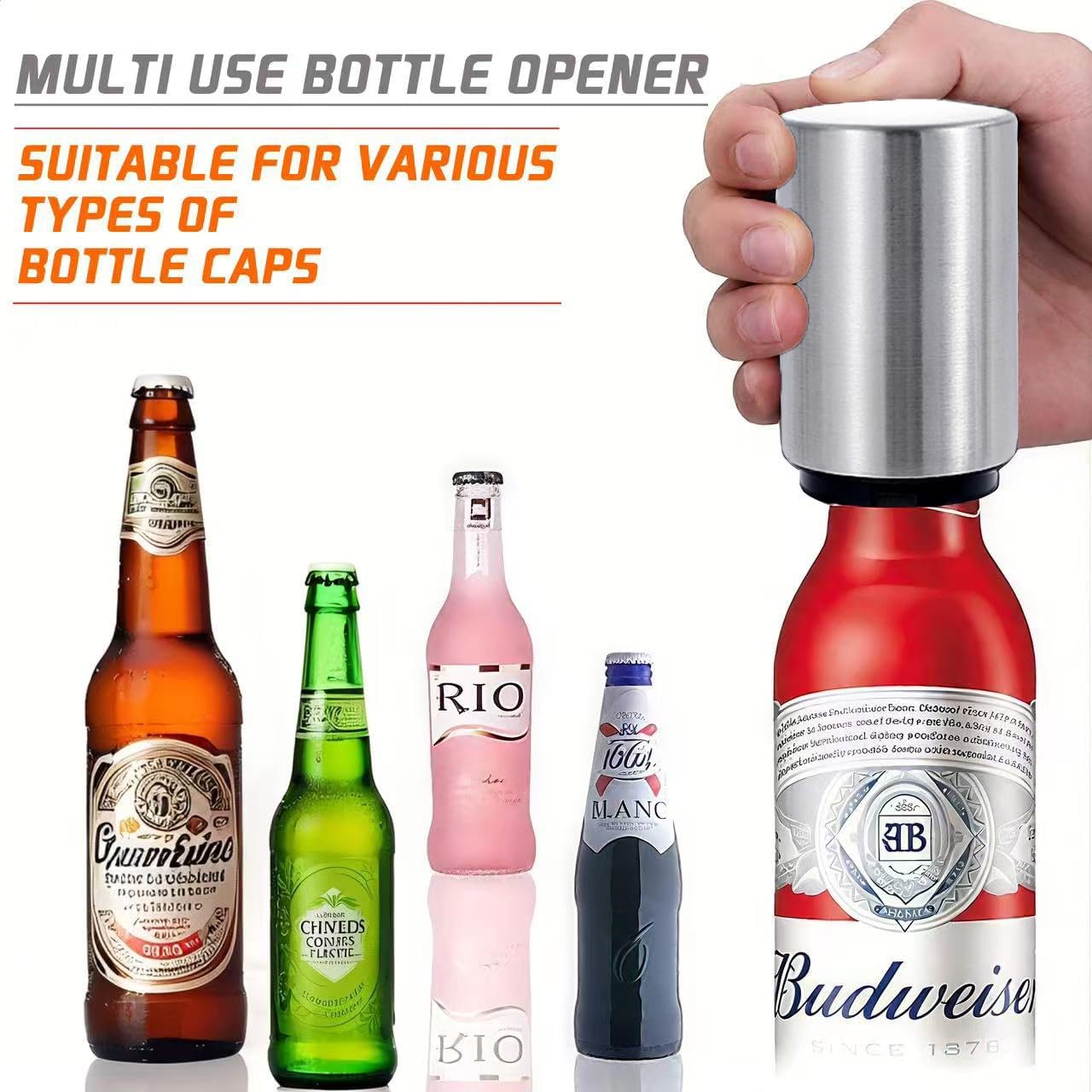 Beer Bottle Opener Automatic Bottle Opener Premium Bottle Openers for Seniors, Down-Pop Off Destapadores de Cerveza with Magnetic Cap Catcher, Cool Bartender Tools, Men Beer Gift (Silvery)