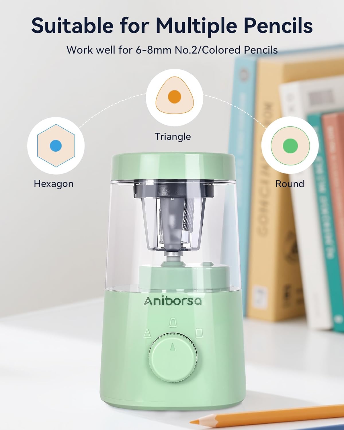 Electric Pencil Sharpener, Helical Blade Automatic Pencil Sharpener, Battery/USB Cord Operated Adjustable Sharpness for 6-8 mm Pencil, Classroom, School, Office, Home, Green