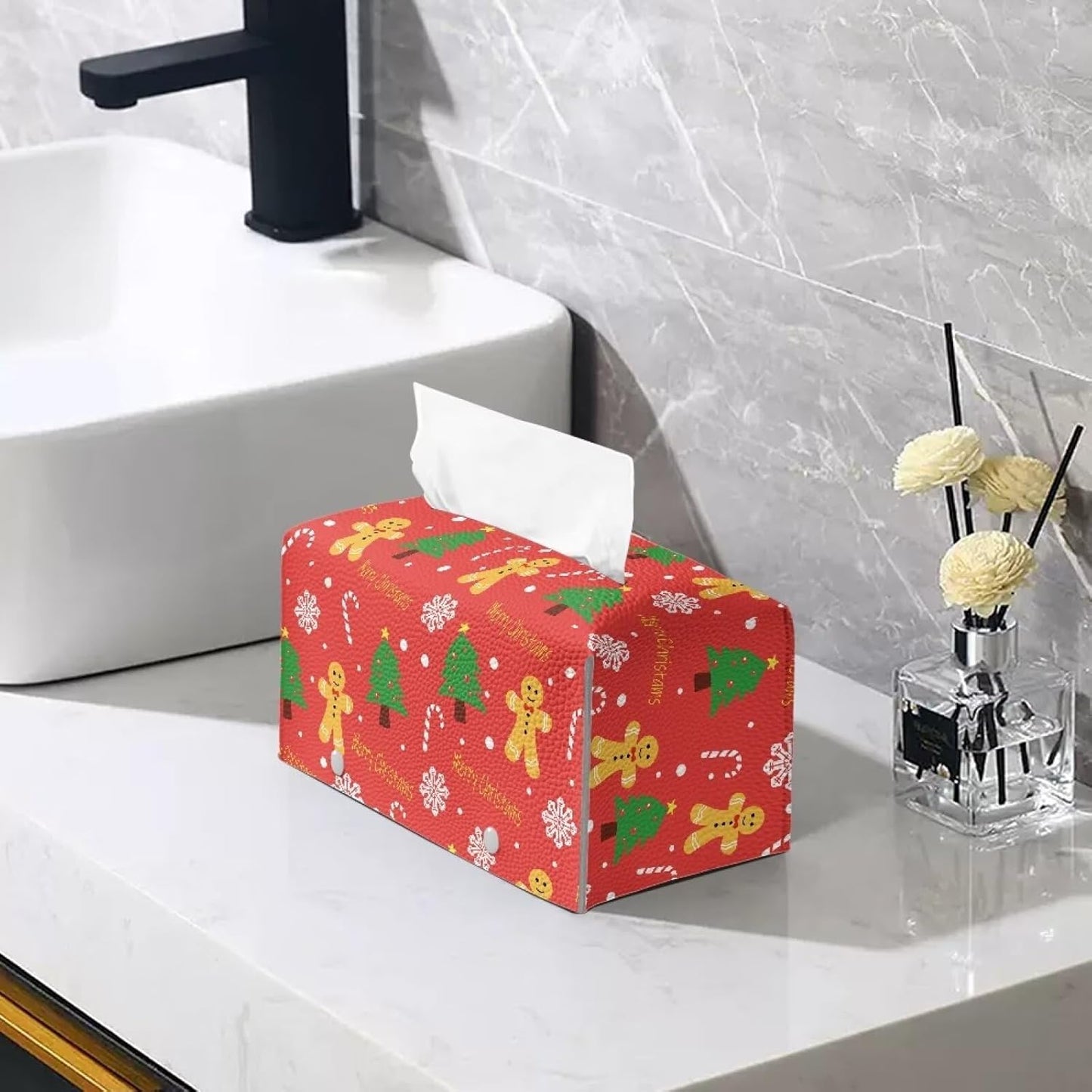 Christmas Tissue Box Cover Rectangle Cute Bear Tissue Box Cover Snowflake Print PU Leather Tissue Box Holder Easy to Clean for Car Bedroom Office