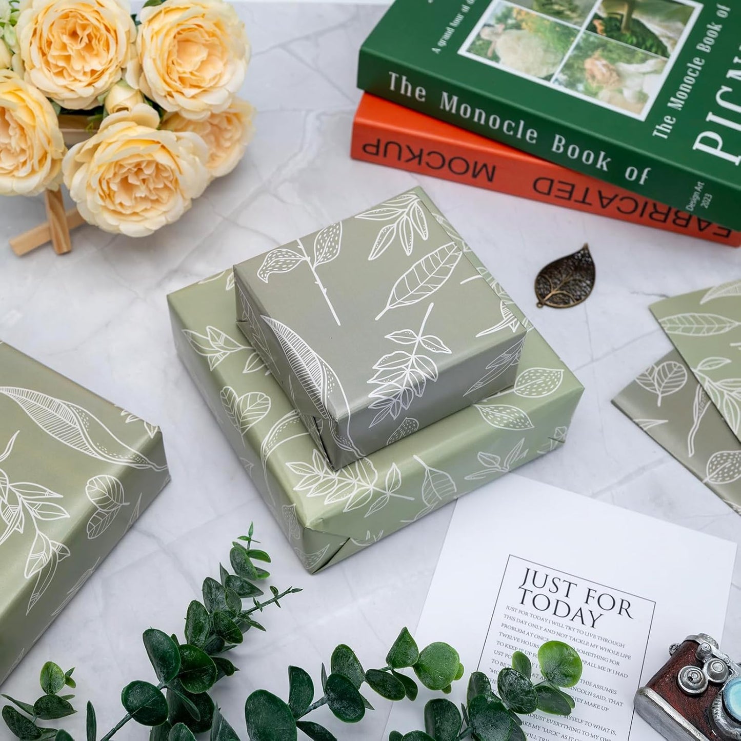 Dtiafu Sage Green Wrapping Paper Gentle Leaves Gift Wrap Paper Bulk Green Spring Designs for Women Girls Wedding Mothers Day Birthday Holiday Thanksgiving - 20 x 28 Inch Per Sheet (6 Sheet)