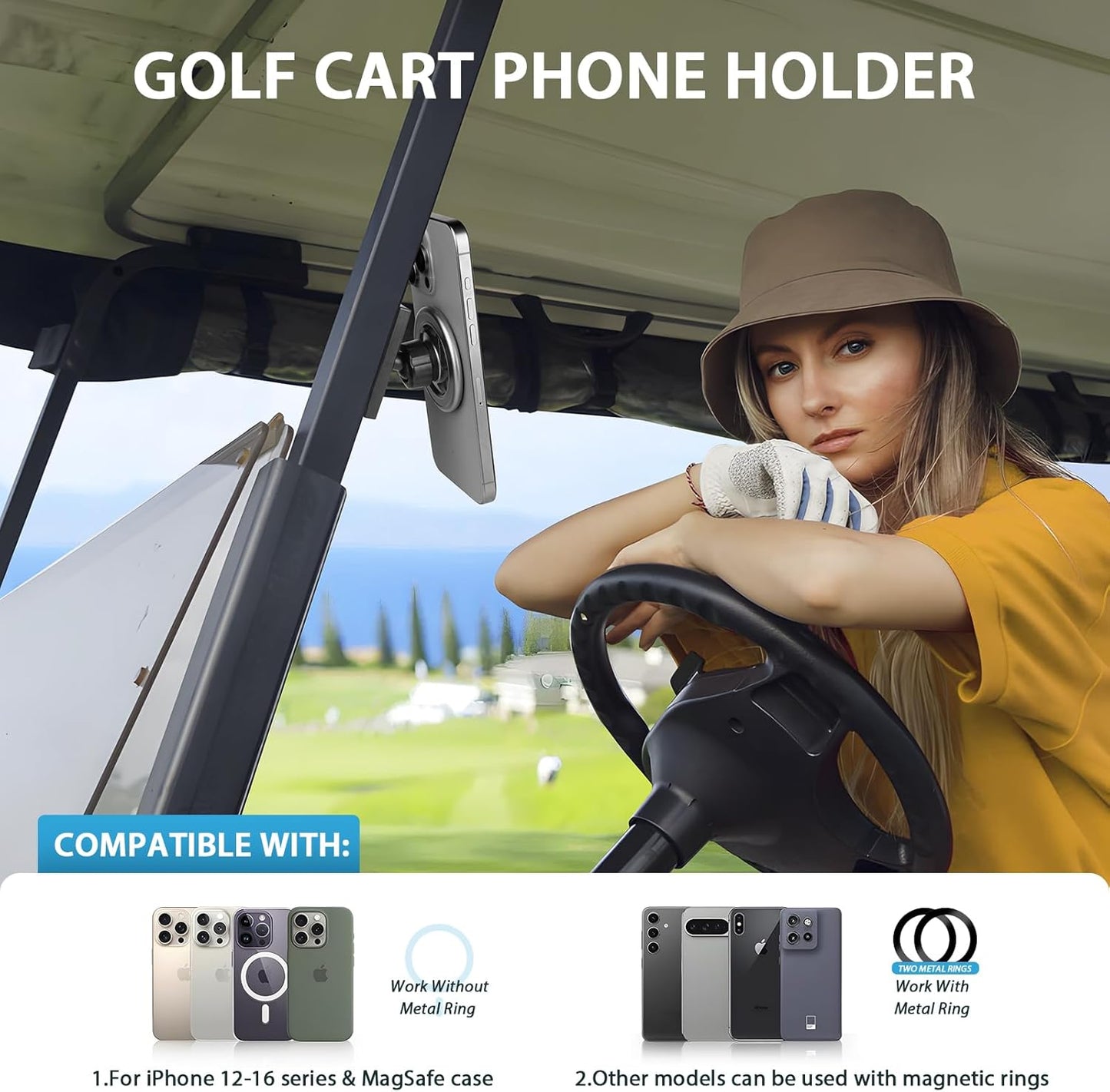 Mixsuper Golf Cart Phone Holder for Iphone 16 Pro Max 15 14 13 All Smartphones, 20× N54 Strong Magnetism Phone Holder for Golf Cart Fit the Ezgo, Club Car, Yamaha, 360 ° Rotation Golf Cart Phone Mount