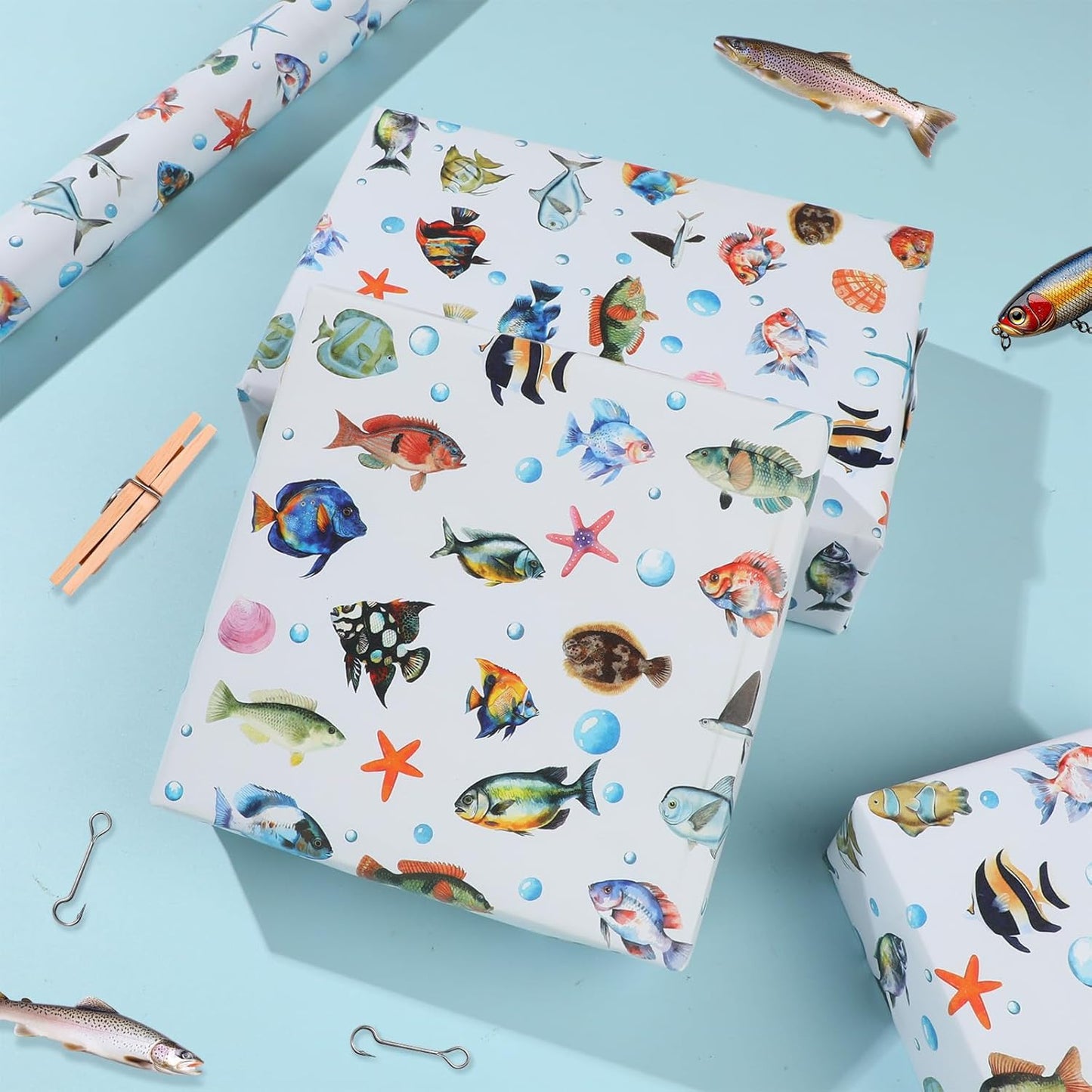 Fish Wrapping Paper Roll - Watercolor Colorful Ocean Theme Gift Wrap for Beach Parties,Birthdays,Baby Showers,17Inch x16.4Feet
