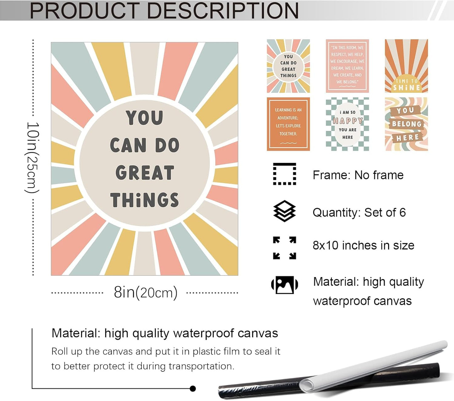 Set of 6 Boho Inspirational Classroom Posters, Positive Affirmations Growth Mindset Canvas Wall Art, Modern Classroom School Posters Wall Decor, Bulletin Board Educational Decor 8x10in Unframed