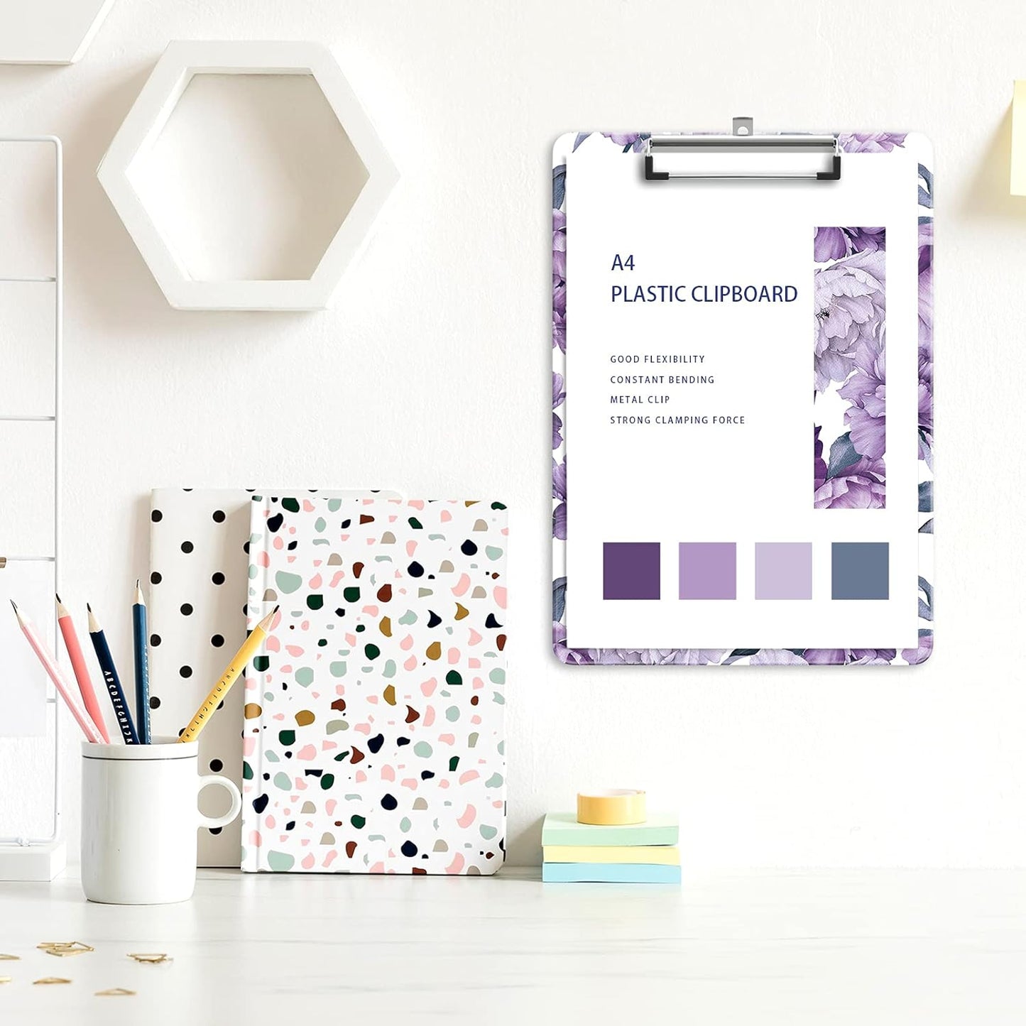 Plastic A4 Clipboards, Cute Clip Board Stardard Letter Size 9 x 12.5 in, Office Decorative for Students Women Men and Kids, Purple Flower