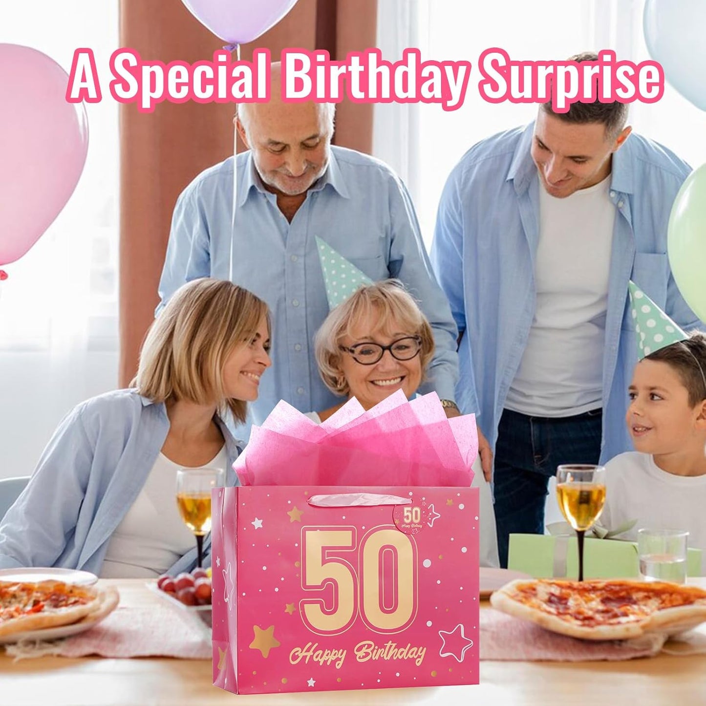 Powbrace 13" Pink Happy Birthday Gift Bag with Tissue Paper and Greeting Card for Party,Happy Birthday Gift Bag for Men Women,Gift Bags Medium size(1 Pink 40th)