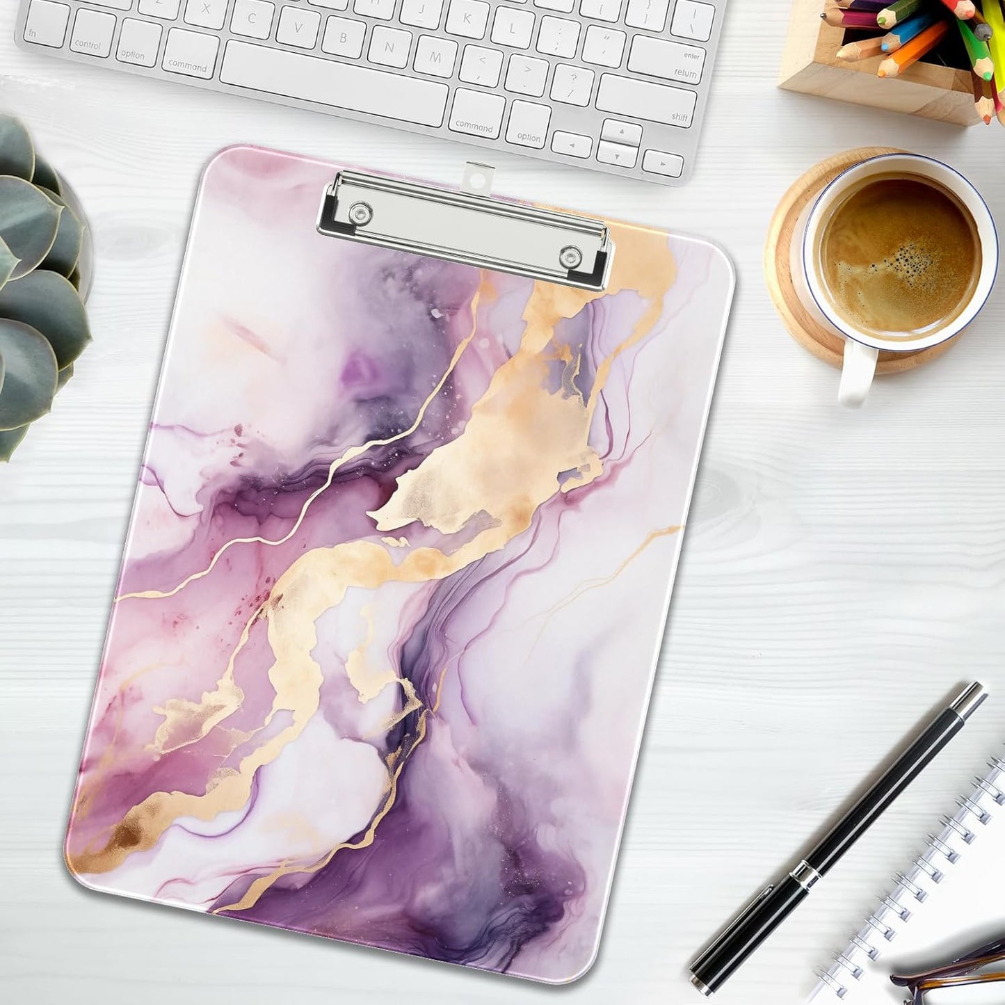 Rimilak Plastic Clipboards with Metal Clip, A4 Letter Size 9 x 12.5 in, Office Decorative for Students Women Men and Kids, Cute Custom Pattern, Purple Gold Marble