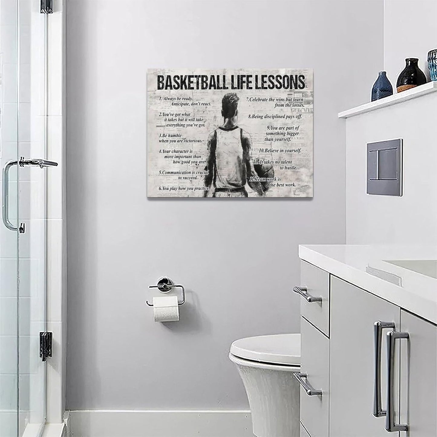 Basketball Life Lessons Wall Art - Sports Sign Retro Poster for Boy Men Room - Motivational Decorations Canvas Print Painting Artwork for Bedroom Bathroom Living Room 16"x12"