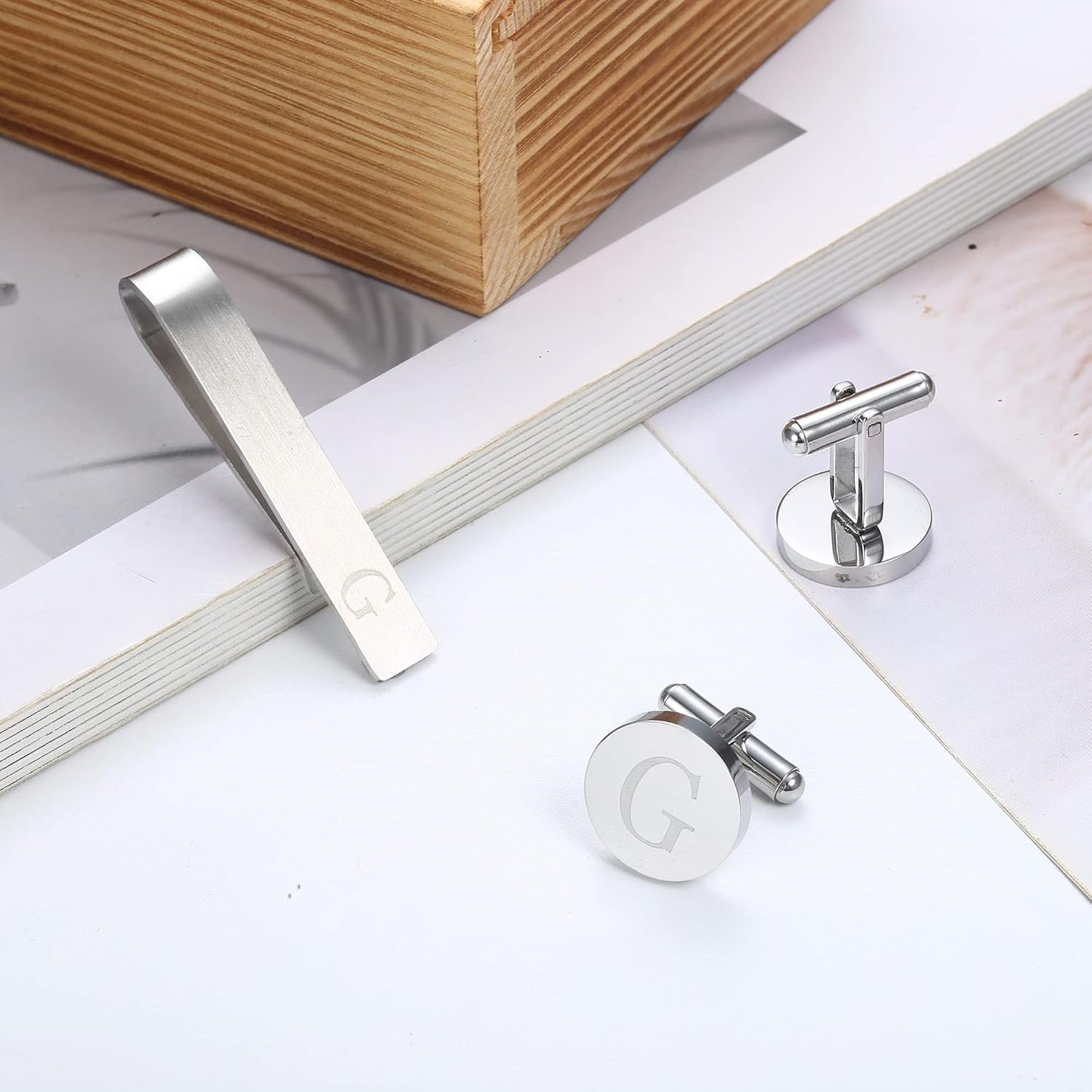 LOYALLOOK Stainless Steel Engraved Initial Cufflinks and Tie Clip Bar Set Alphabet Letter With Gift Box A-Z