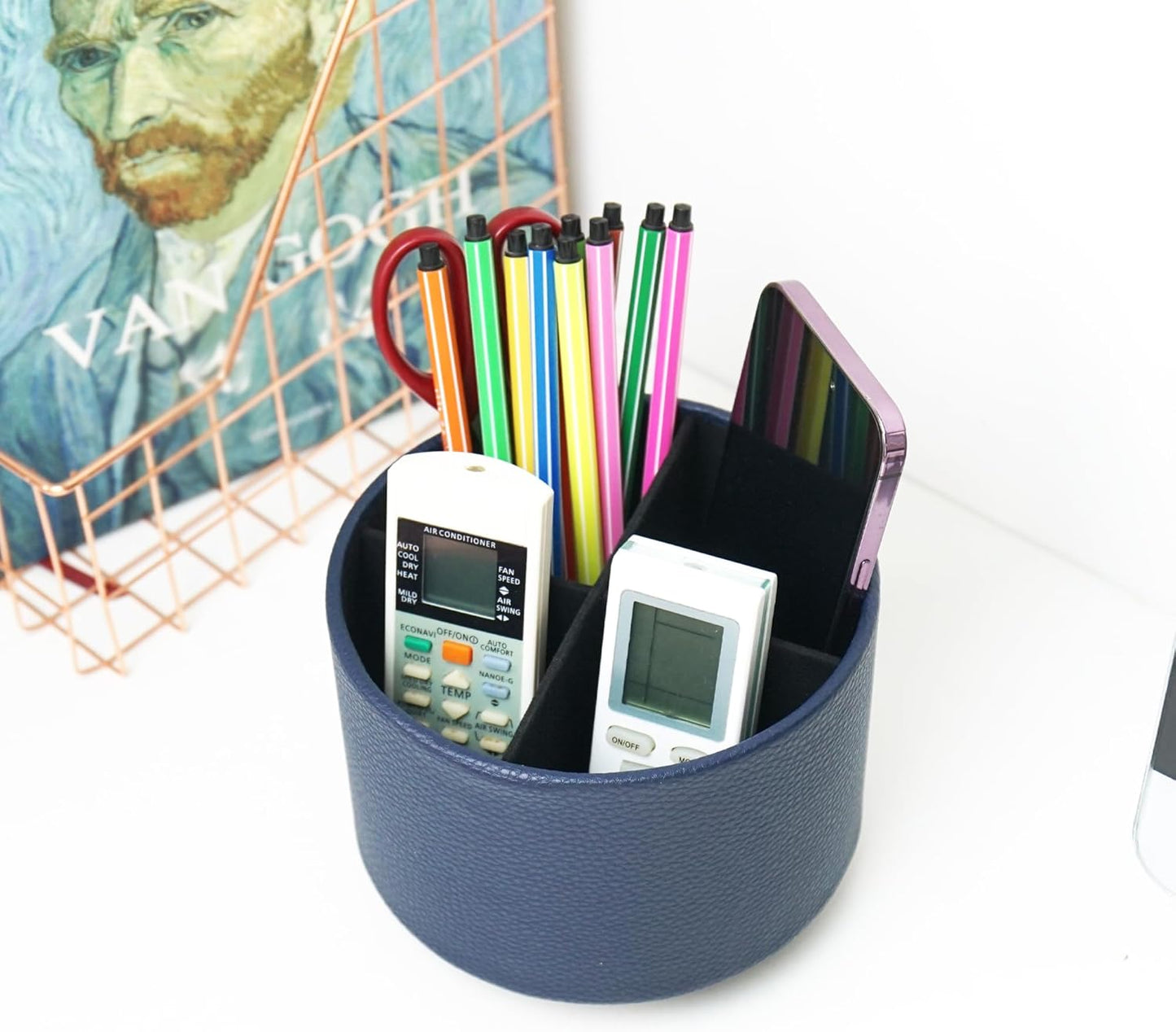 Hennaja Round Leather Art Supply Organizer,Remote Control Holder,360 Degree Spinning,Multi-Functional Pencil Holder,4 Compartments Desktop Stationary Organizer(1-Lichee Blue)