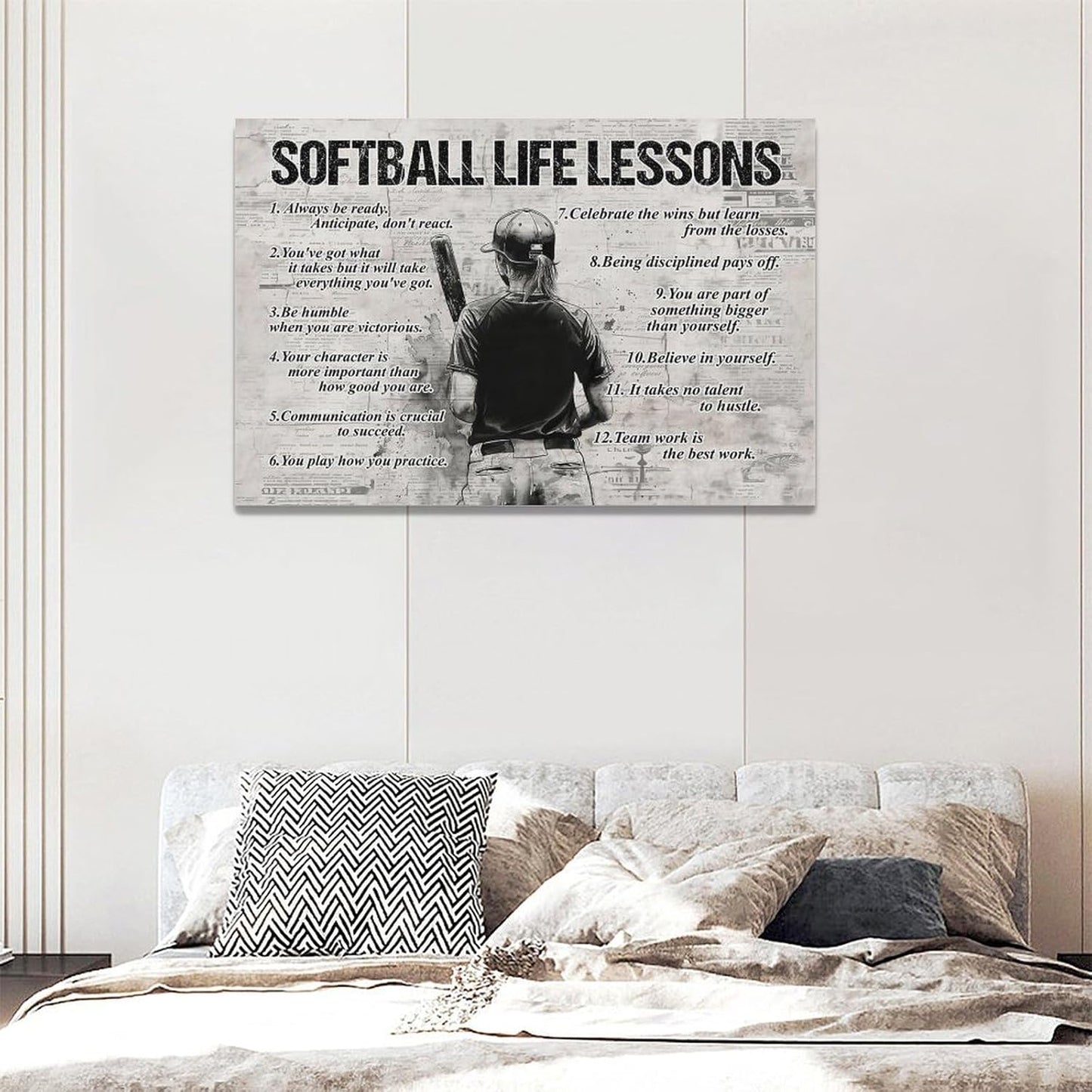 Softball Sports Wall Art Softball Life Lessons Wall Decor Softball Sign Retro Poster Boy Girls Men Room Motivational Decorations Canvas Print Painting Artwork for Bedroom Bathroom Living Room 24"x16"