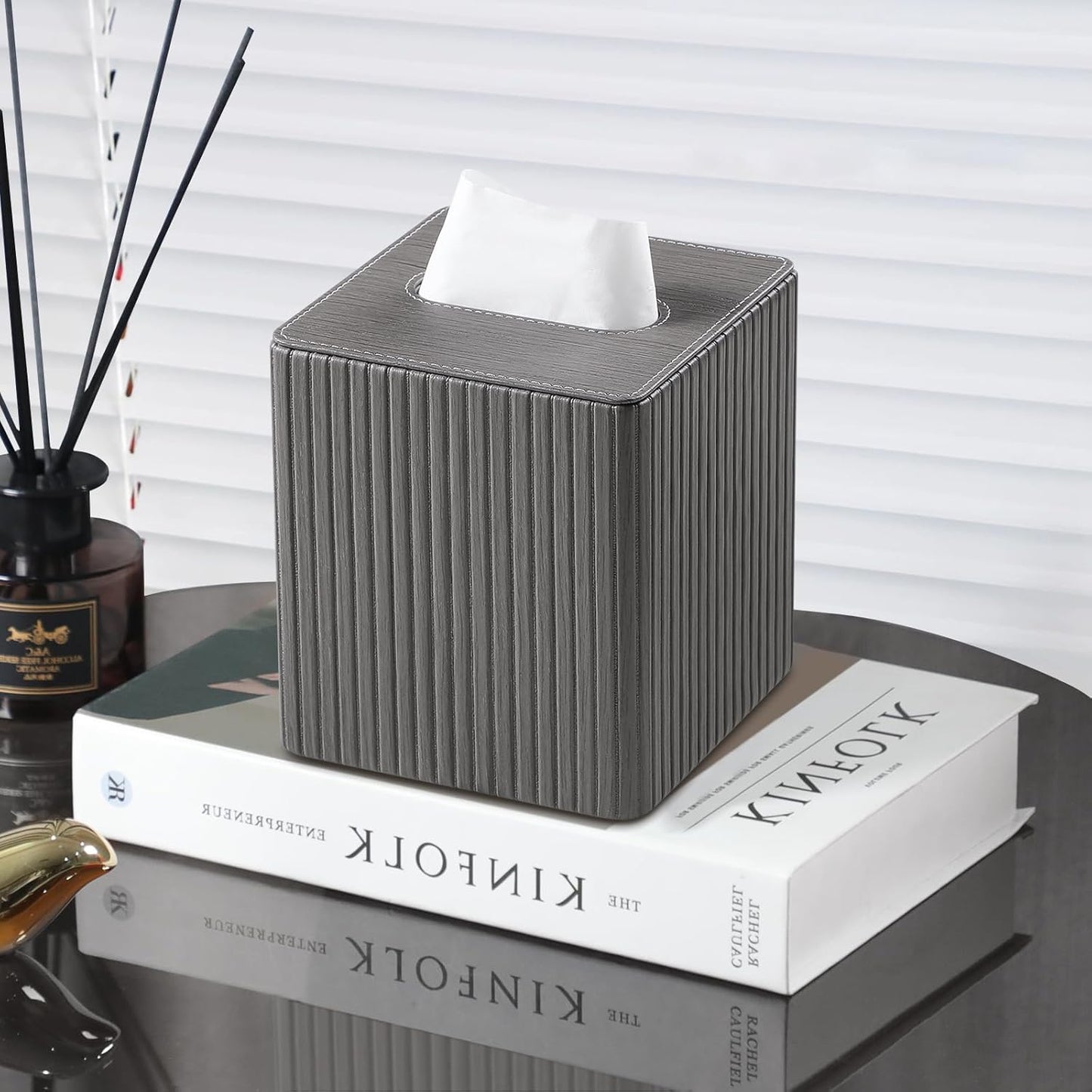 PU Leather Tissue Box Cover Square Tissue Box Holder with Magnetic Closure (Slate Grey)