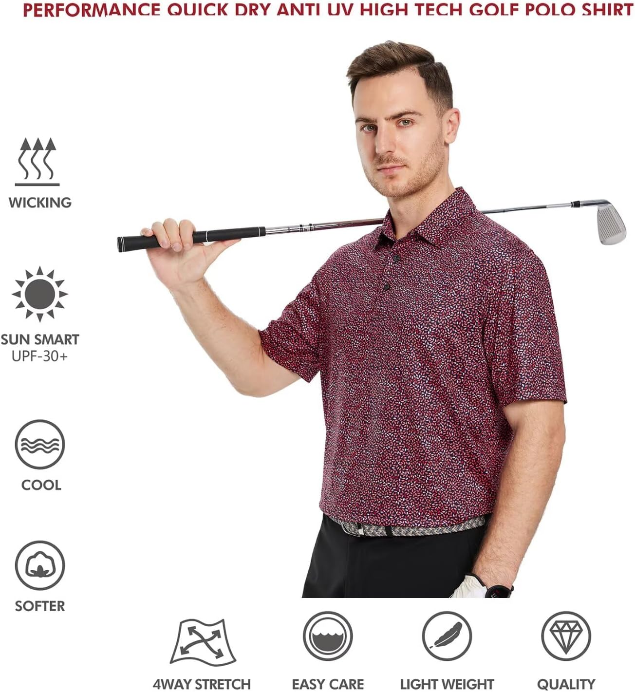Golf Shirts for Men Dry Fit Short Sleeve Print Performance Moisture Wicking Polo Shirt
