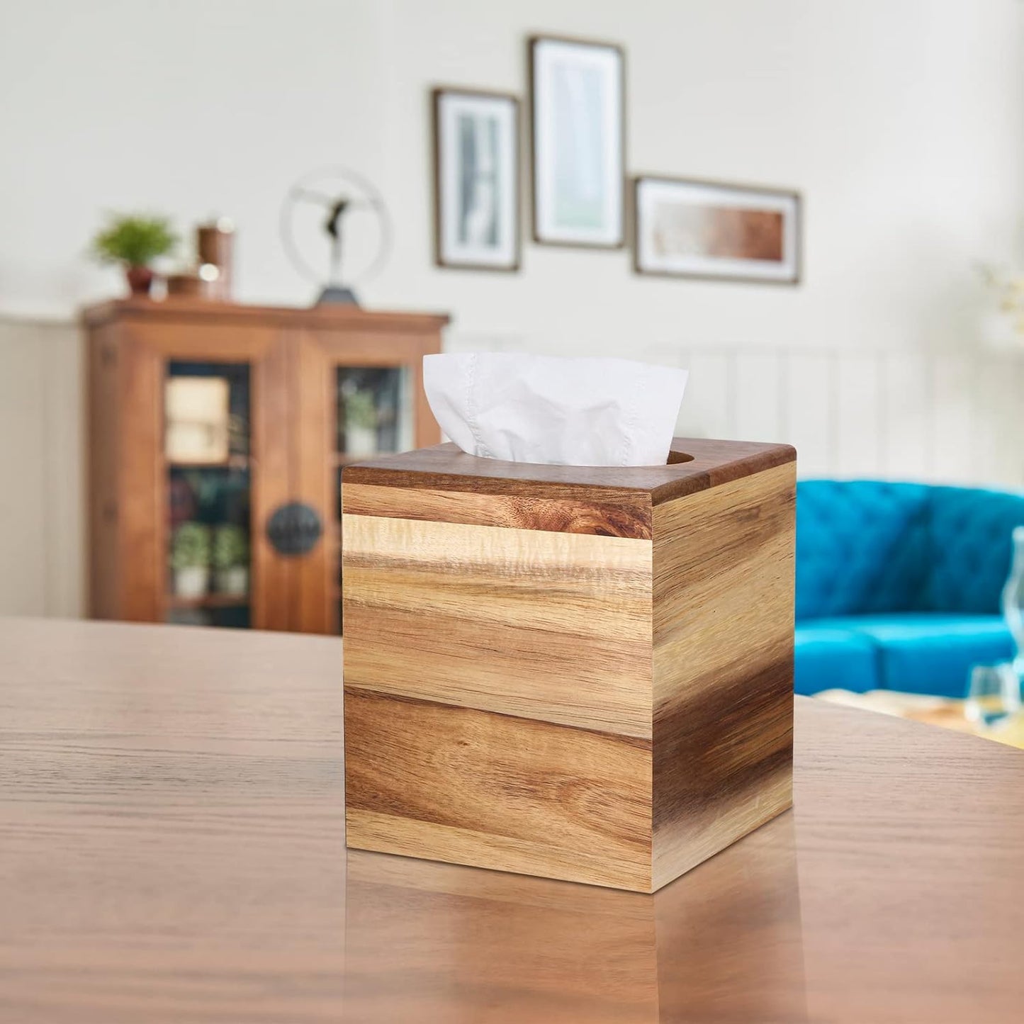 Tissue Box Cover, Acacia Wood Square Tissue Box Holder with Slide-Out Bottom for Bathroom, Bedroom, Dinner Table, Office