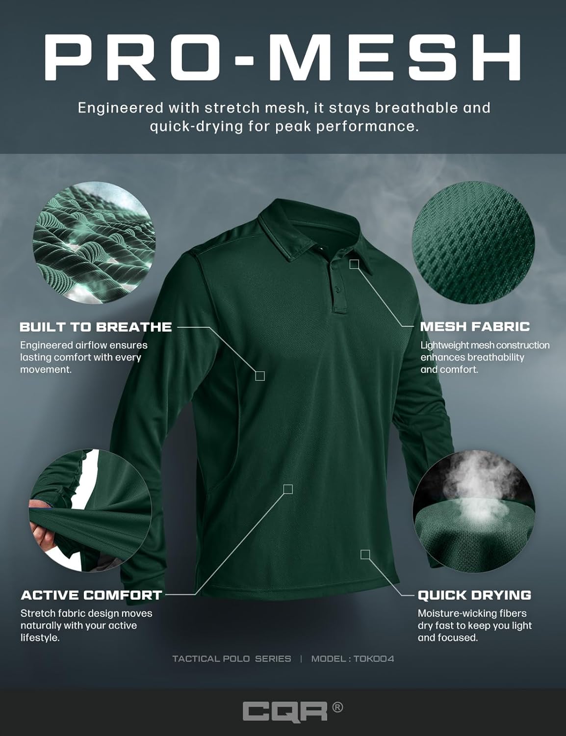 CQR Men's Polo Shirt, Long Sleeve Tactical Shirts, Outdoor UPF 50+ Pique Shirt, Dry Fit Lightweight Golf Shirts